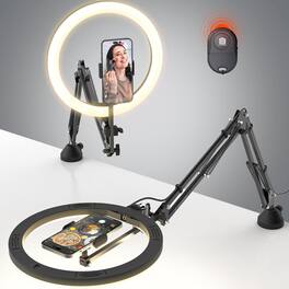 PARKER SLATER - 12" LED Desk Ring Light with Overhead Phone Mount, Upgrade Ring Light with Clamp and Flexible Articulating Arm for Video