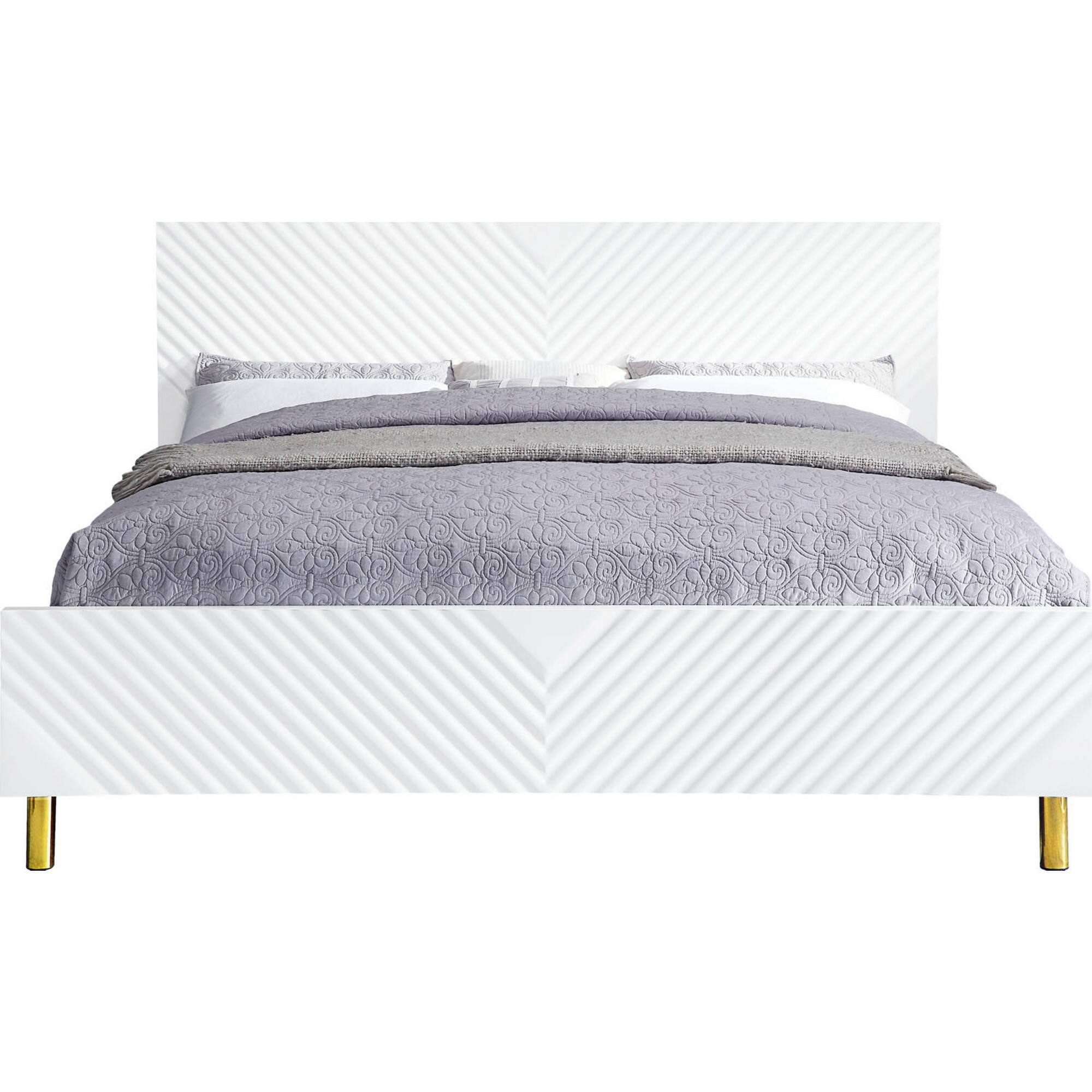 Alt View 1. Manhattan Lane - Tyra Modern Wood King Bed, Panel Headboard, Textured Chevron, White, Gold - White, Gold.