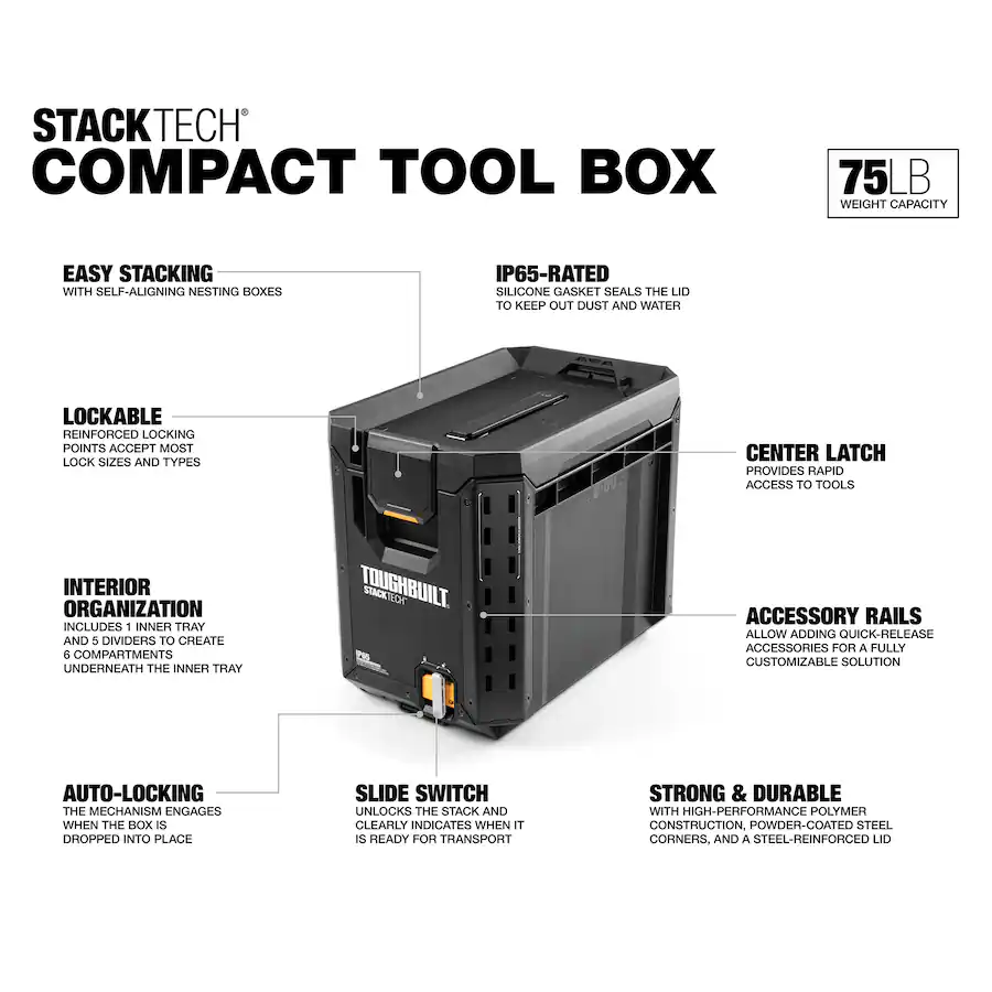 Stacktech Mechanism ToughBuilt StackTech Compact Tool Box Lockable Organizer with Removable ...