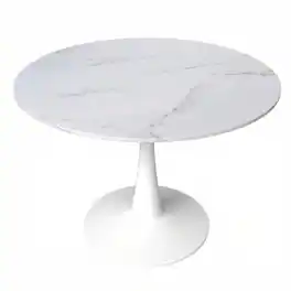 LeisureMod - Bristol Round Dining Table, Modern MDF/Sintered Stone Top & Scratch-Resistant Steel Base Kitchen Table - MDF - Marbled White