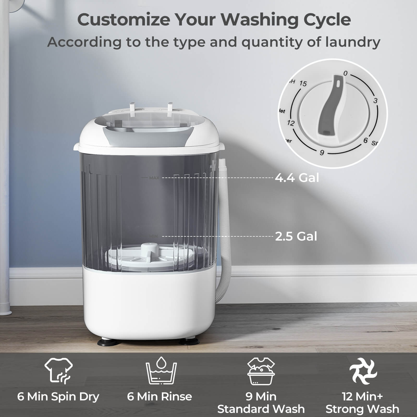 Customize Your Washing Cycle According to the type and quantity of laundry
H 15
let 12
er 9
6 Min Spin Dry
6 Min Rinse
9 Min Standard Wash
12 Min+ Strong Wash
4.4 Gal
2.5 Gal