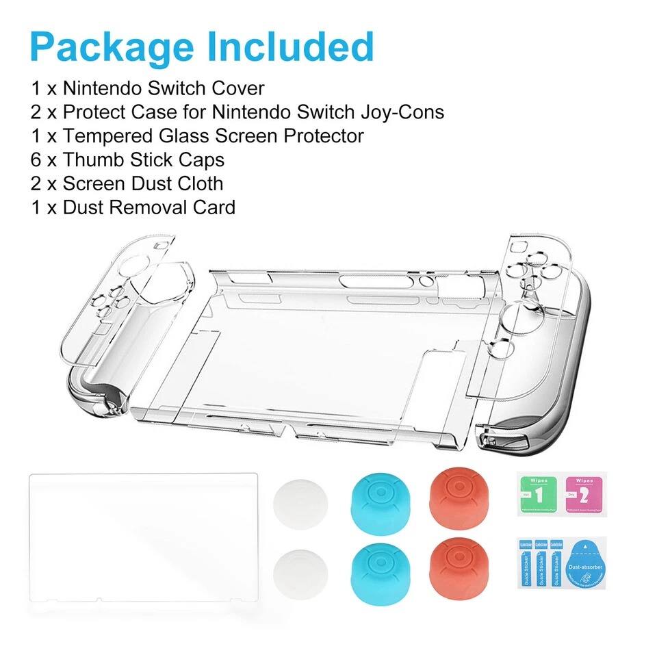 Package Included

1 x Nintendo Switch Cover  
2 x Protect Case for Nintendo Switch Joy-Cons  
1 x Tempered Glass Screen Protector  
6 x Thumb Stick Caps  
2 x Screen Dust Cloth  
1 x Dust Removal Card