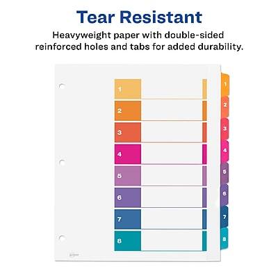 Tear Resistant  
Heavyweight paper with double-sided reinforced holes and tabs for added durability.  
1 2 3 4 5 6 7 8