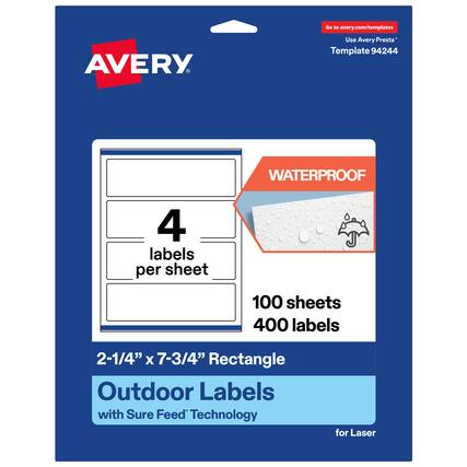 Go to avery.com/templates
AVERY
Use Avery Presta* Template 94244
WATERPROOF
4 labels per sheet
100 sheets
400 labels
2-1/4" X 7-3/4" Rectangle
Outdoor Labels with Sure Feed Technology for Laser