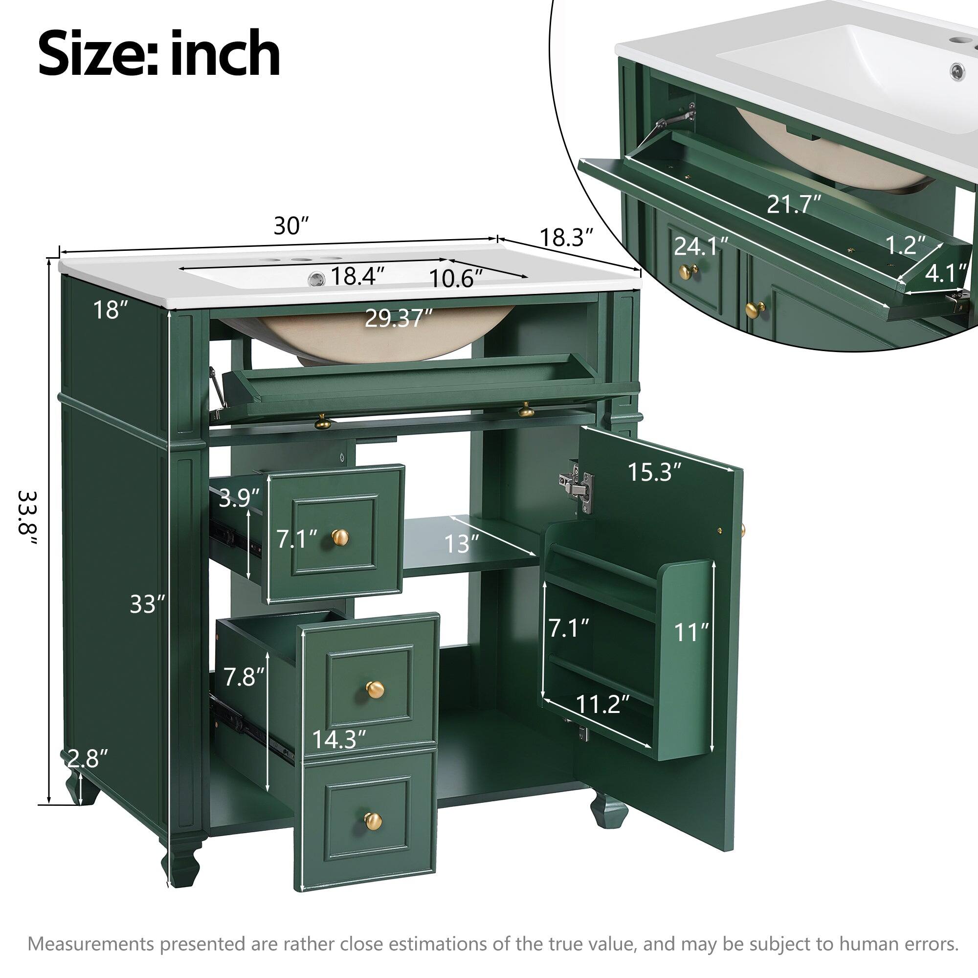 Size: inch  
18" 30" 18.4" 10.6" 29.37" 18.3" 24.1" 21.7" 1.2" 4.1" 33.8" 3.9" 7.1" 13" 15.3" 33" 7.1" 11" 2.8" 7.8" 14.3" 11.2"  

Measurements presented are rather close estimations of the true value, and may be subject to human errors.