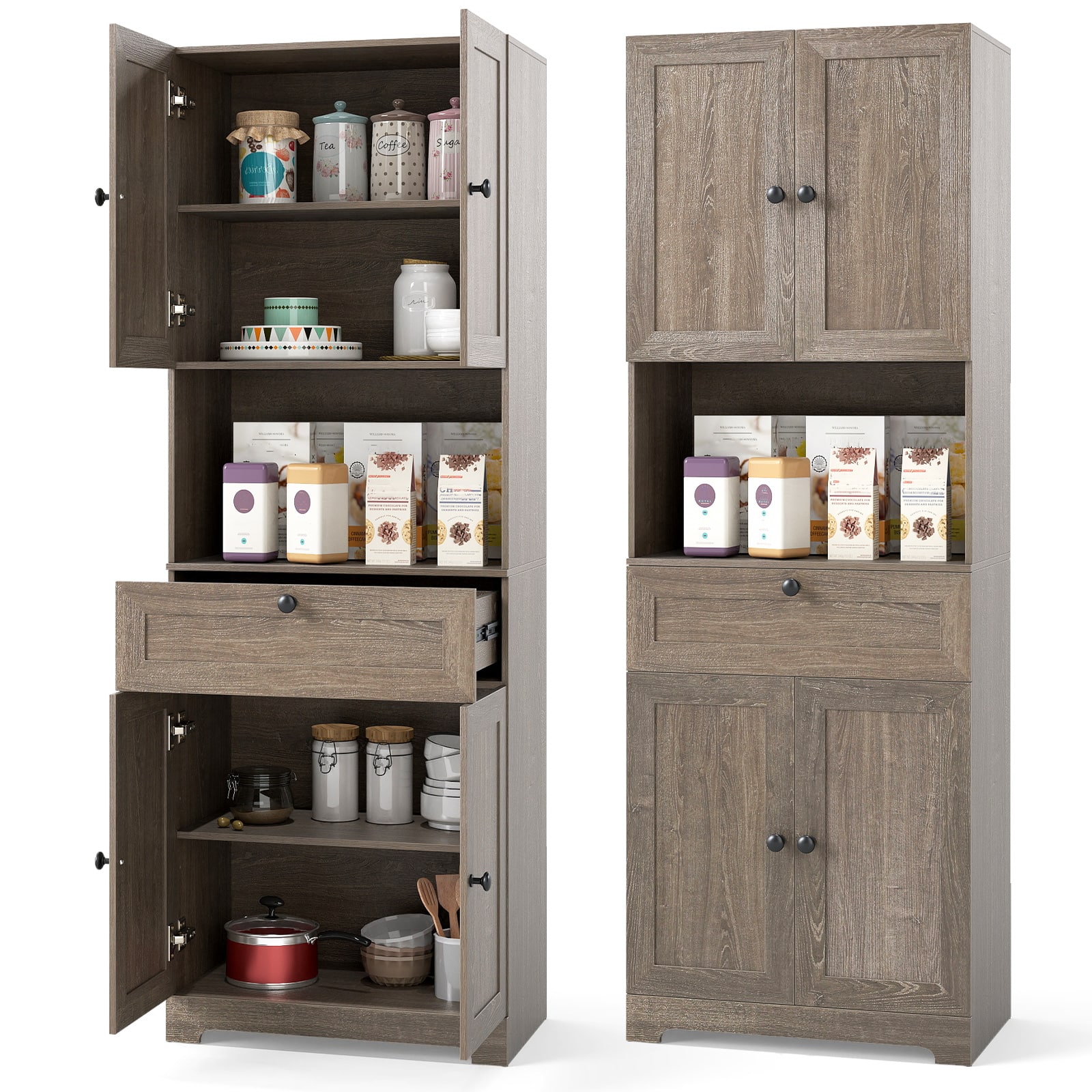 Gymax - 67.5'' Kitchen Pantry Cabinet w/4 Doors 1 Drawer Open Countertop Adjustable Shelf Oka - Gray