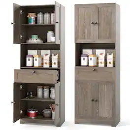 Gymax - 67.5'' Kitchen Pantry Cabinet w/4 Doors 1 Drawer Open Countertop Adjustable Shelf Oka - Gray