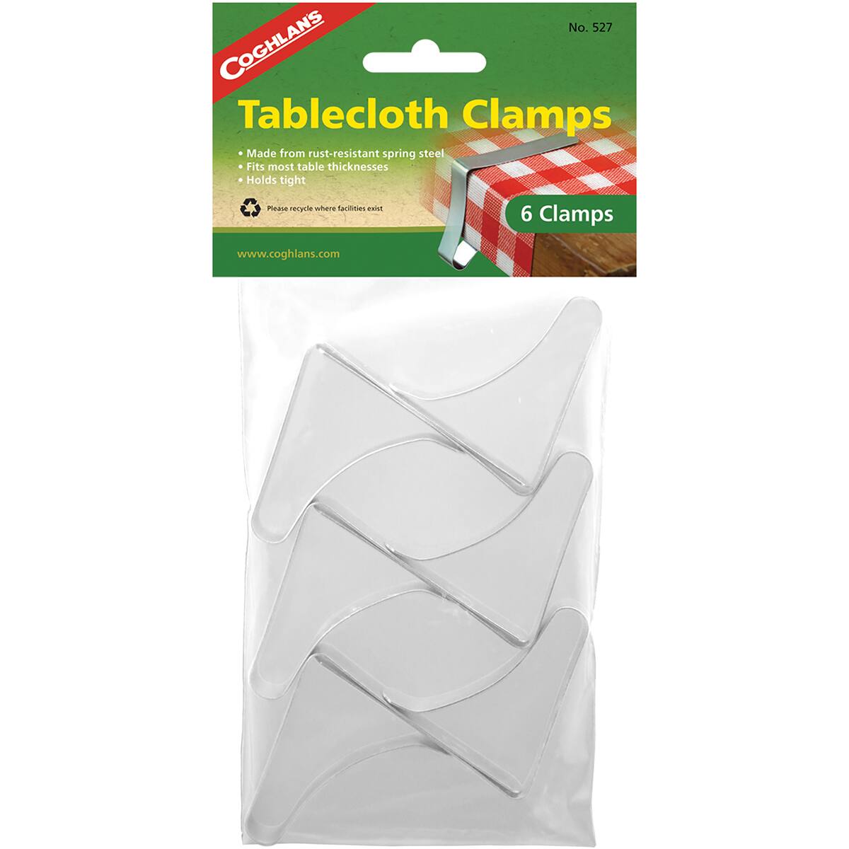 No. 527  
COGHLANS  
Tablecloth Clamps  
Made from rust-resistant spring steel  
Fits most table thicknesses  
Holds tight  
Please recycle where facilities exist  
6 Clamps  
www.coghlan.com