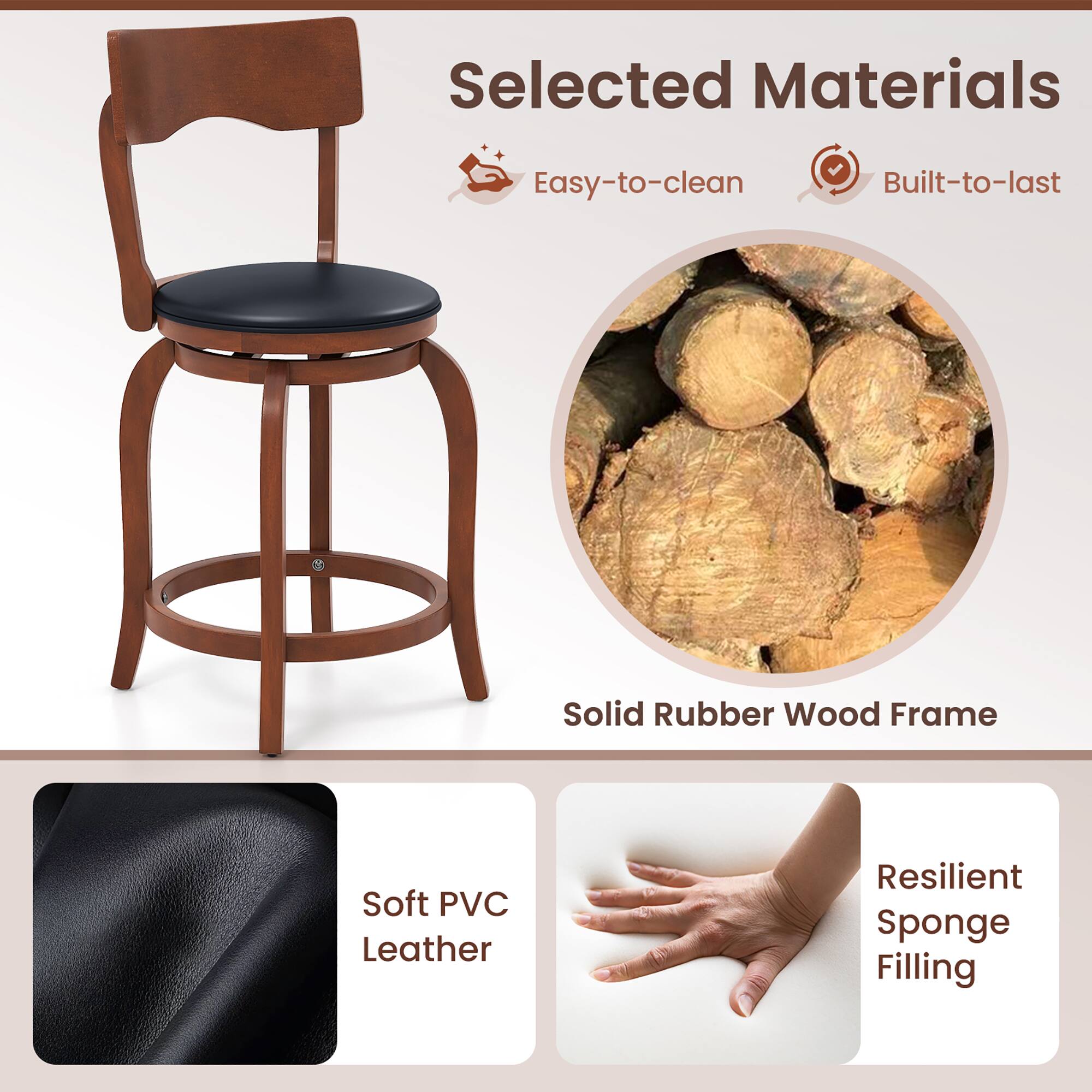 Selected Materials
Easy-to-clean
Built-to-last
Solid Rubber Wood Frame
Soft PVC Leather
Resilient Sponge Filling