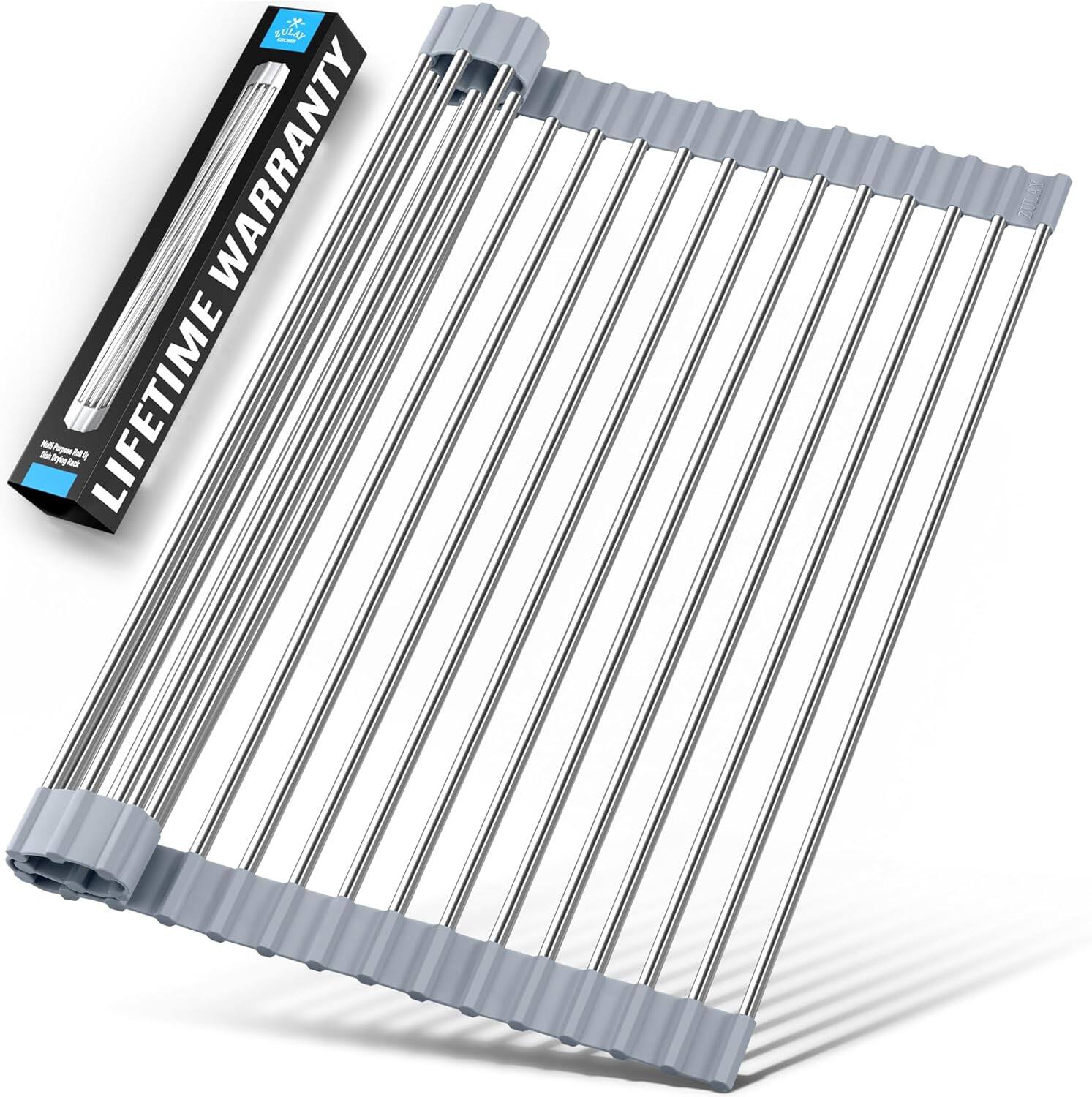 Zulay Kitchen - 17.5” x 12” Roll Up Dish Drying Rack - Stainless Steel Over Sink Dish Drying Rack - Gray