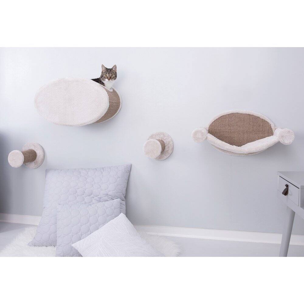 Left. TRIXIE - Multi-Level Wall Mounted Cat Perch and Lounge Set with Condo & Hammock, 4 Piece - Light Gray-Greige.