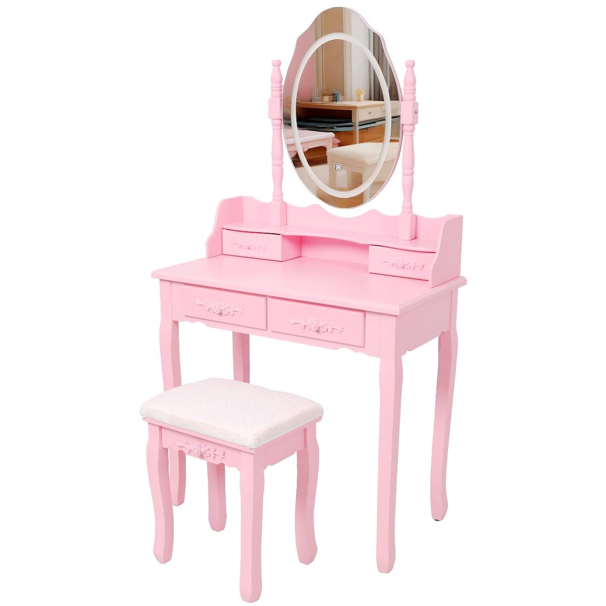 Angle. Loheer - Loheer Pink Makeup Vanity Desk with LED Light Mirror and Cushioned Stool, Four Drawers - Pink.