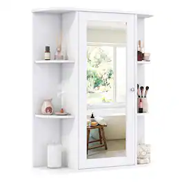 Costway - Bathroom Cabinet Single Door Shelves Wall Mount Cabinet with Mirror - White