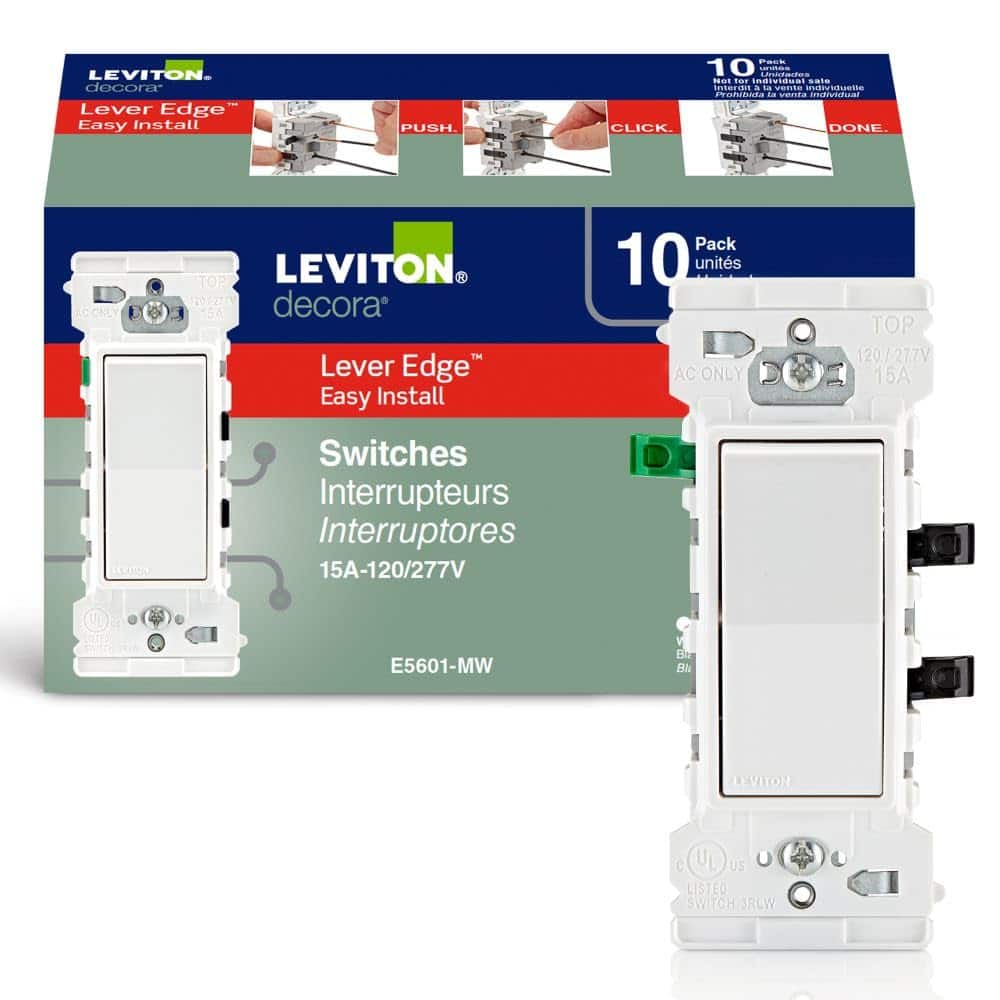 Leviton - Lever Edge 15 Amp Single Pole Rocker Switch, 10-Pack (E5601-MW) - White