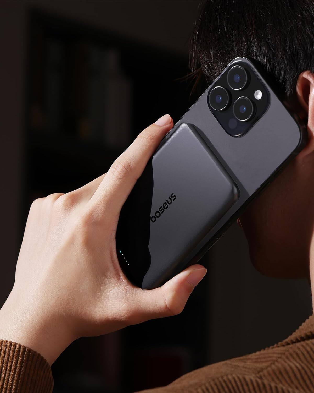 Alt View 4. Baseus - Baseus Picogo 5000mAh Ultra-Slim MagSafe Power Bank, Card-Size Wireless Charger with USB-C Braided Cable,Black - Black.