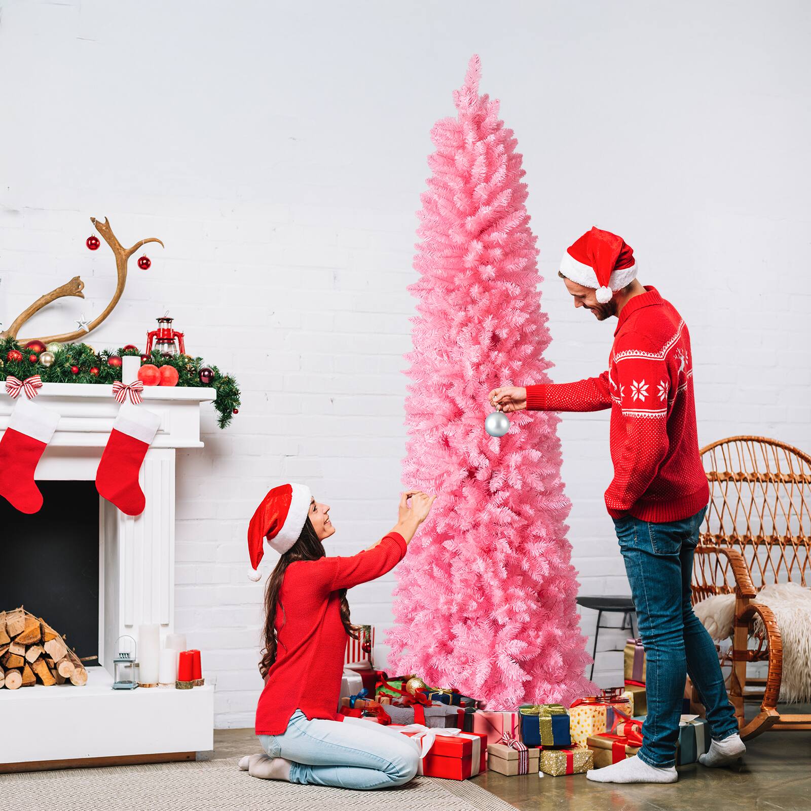 Left. VAVSEA - 7.5 ft Pink Pencil Christmas Tree Artificial Slim, 1075 Tips Hinged Unlit Christmas Tree with Stand for Holiday Decor - Pink.