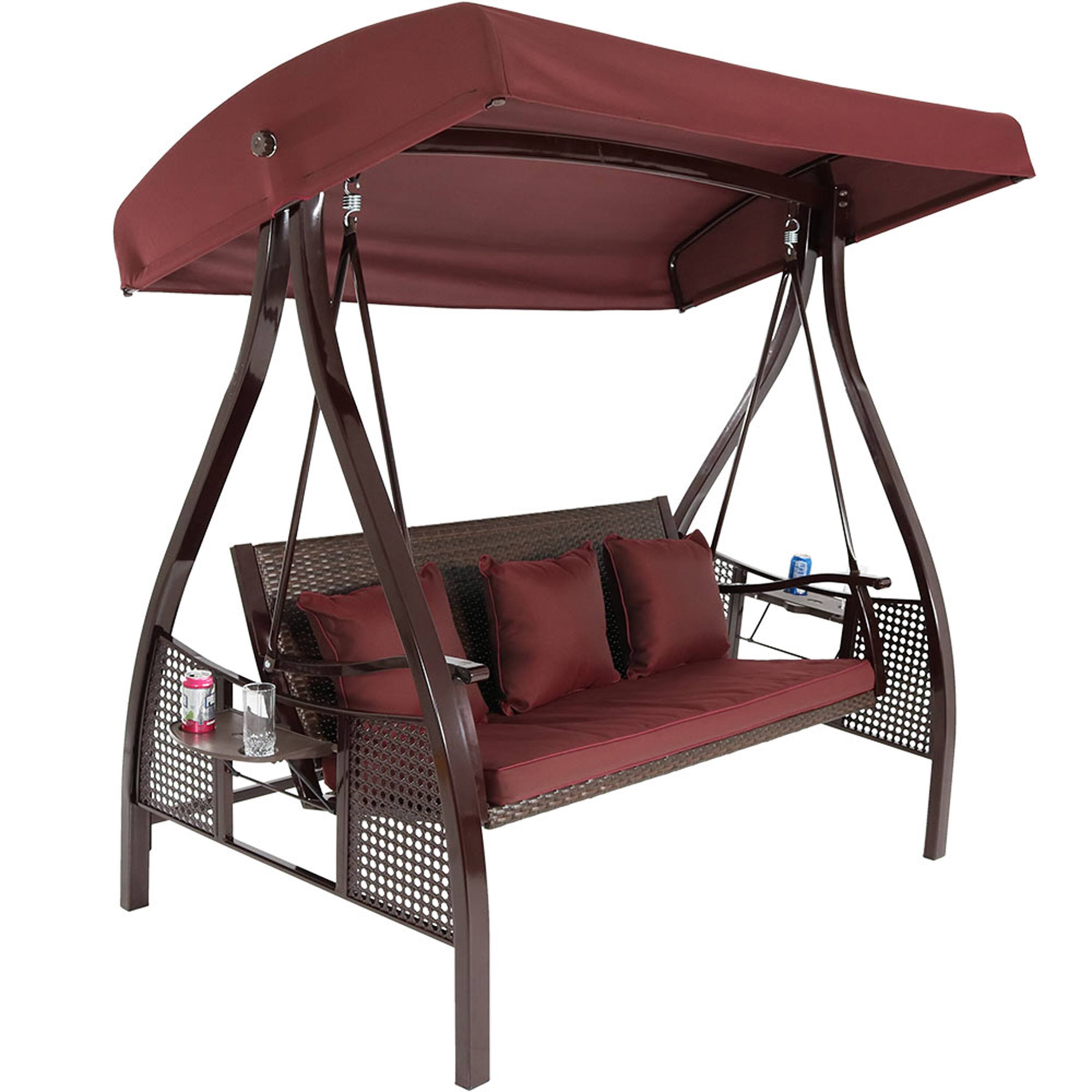 Alt View 8. Sunnydaze - 3-Person Steel Patio Swing Bench with Side Tables/Canopy - Maroon/Brown Frame.