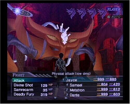 Sure, here is the corrected and grouped text:

**Player A:**
- **Jayce**
  - HP: 999
  - MP: 885
  - Divine Shot: 129 HP

- **Samael Samrecarm**
  - HP: 804
  - MP: 420

- **Metatron**
  - HP: 999
  - MP: 612

- **Dante**
  - HP: 999
  - MP: 603

**Enemy:**
- **Physical attack (low dmg)**
  - HP: 1

**Game Interface:**
- **7/8**
- **Player A AUTO**
- **FIGHT**