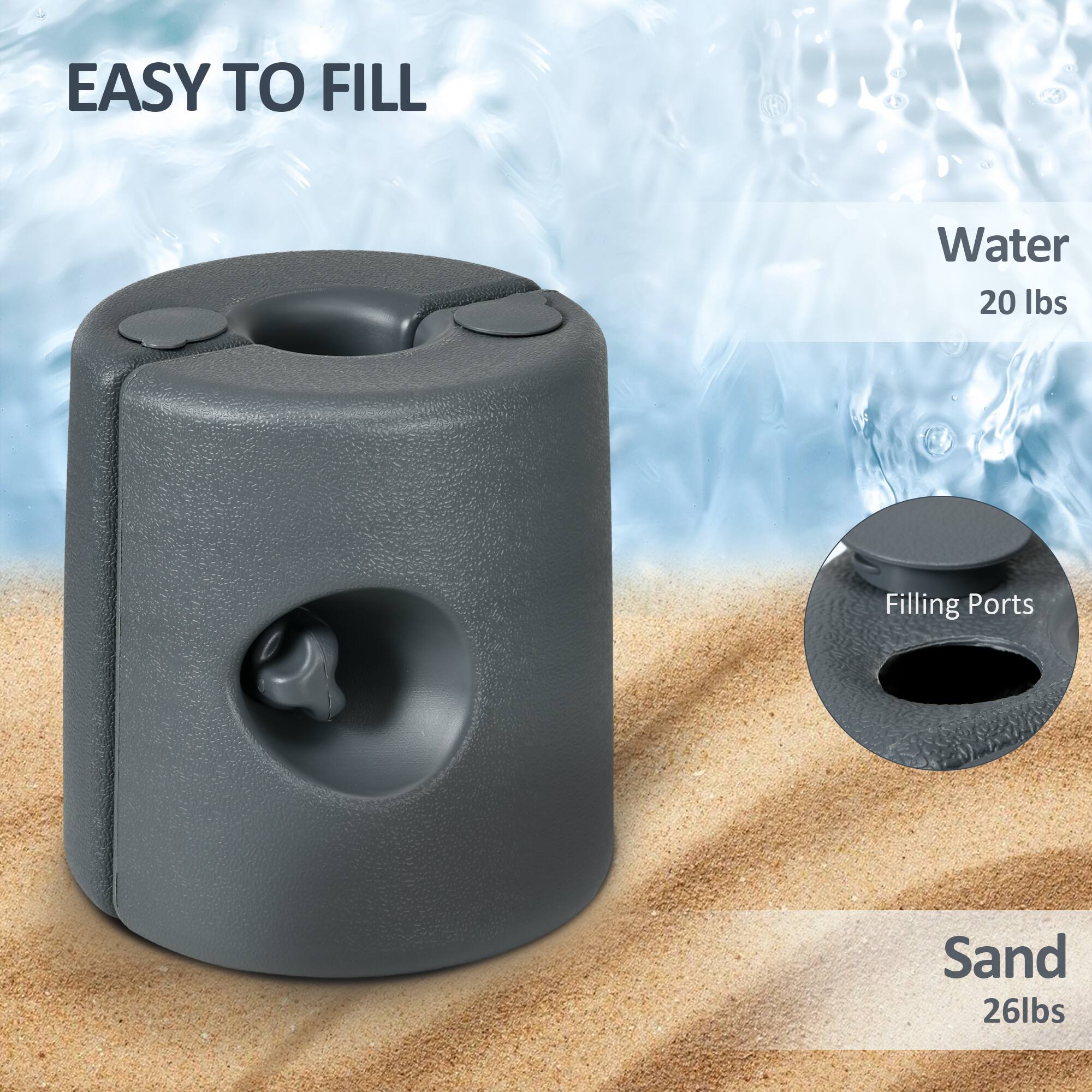 EASY TO FILL, Water 20 lbs, Filling Ports, Sand 26lbs