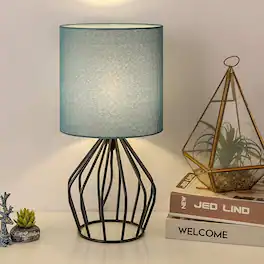 Oumilen - Modern Teal Table Lamp with Black Metal Cage, Small Nightstand Light for Bedroom Office College Dorm