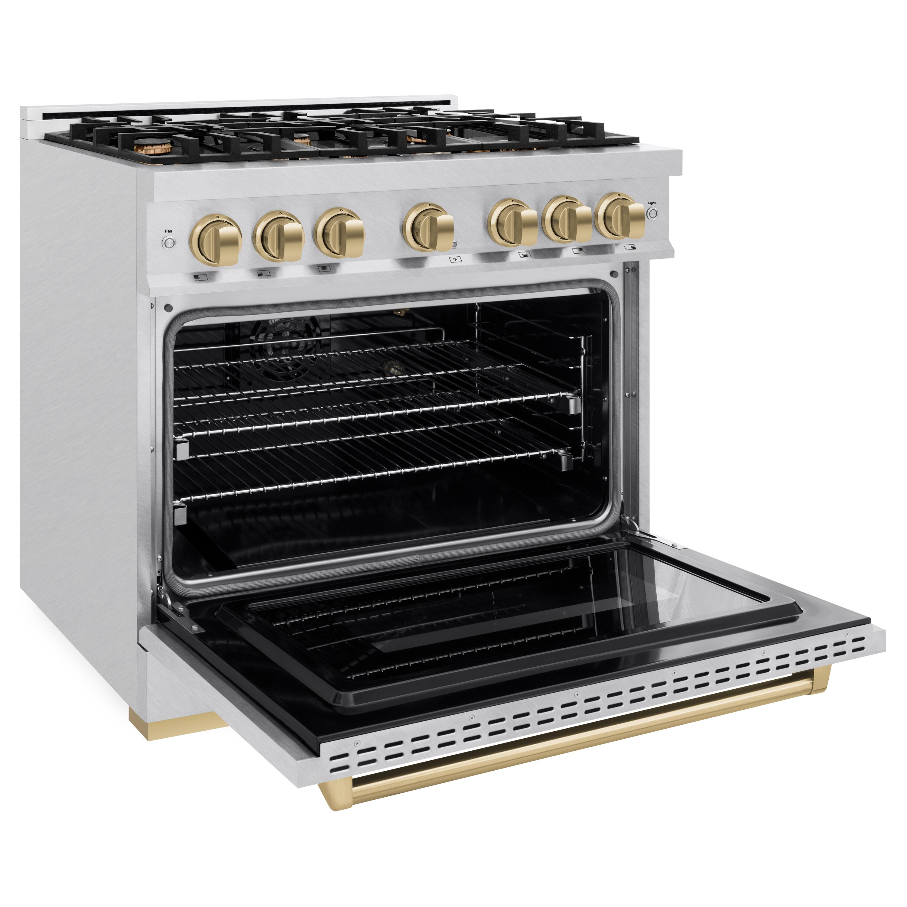 Left. ZLINE - ZLINE Autograph 36 in. Classic Satin Steel Gas Range w/ 6 Burners & Bronze Accents (CGRSZ-36-CB) - Stainless Steel.