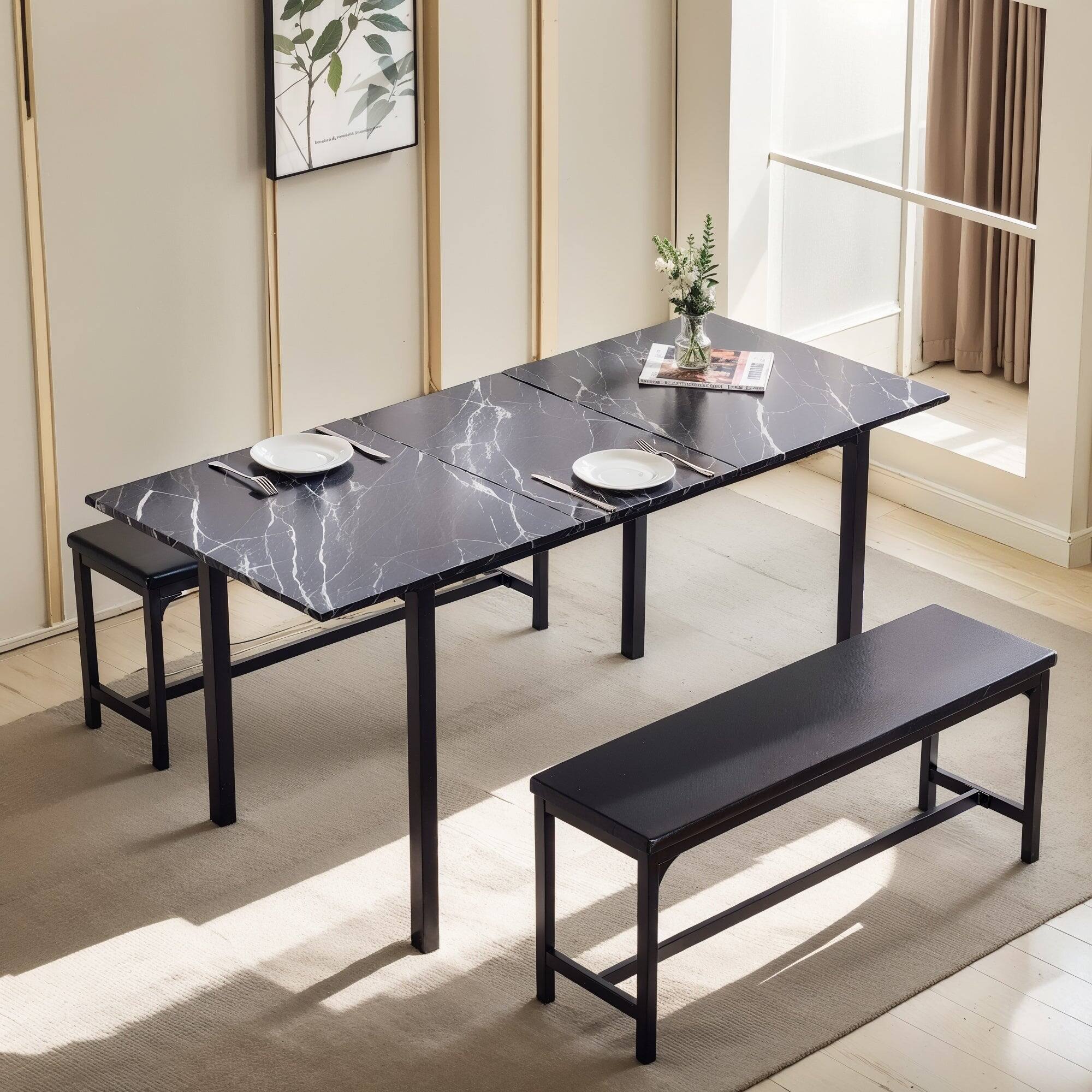Alt View 2. Vecelo - Extendable Dining Set for 2-8: Space Saving Benches, Expandable Farmhouse Table, Waterproof MDF, Black Metal Frame - Black.