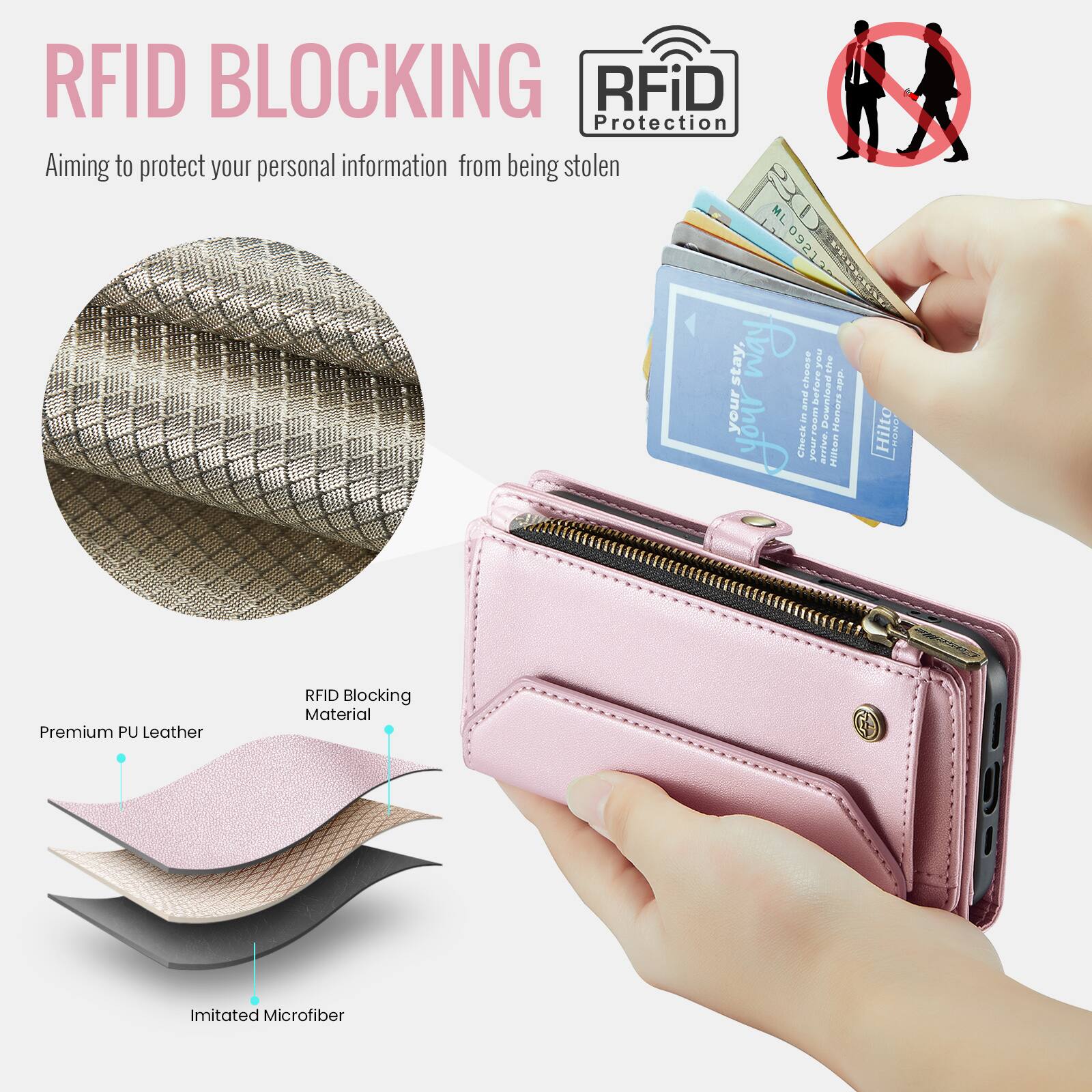RFID BLOCKING  
Aiming to protect your personal information from being stolen  

RFiD Protection  

Premium PU Leather  
RFID Blocking Material  
Imitated Microfiber