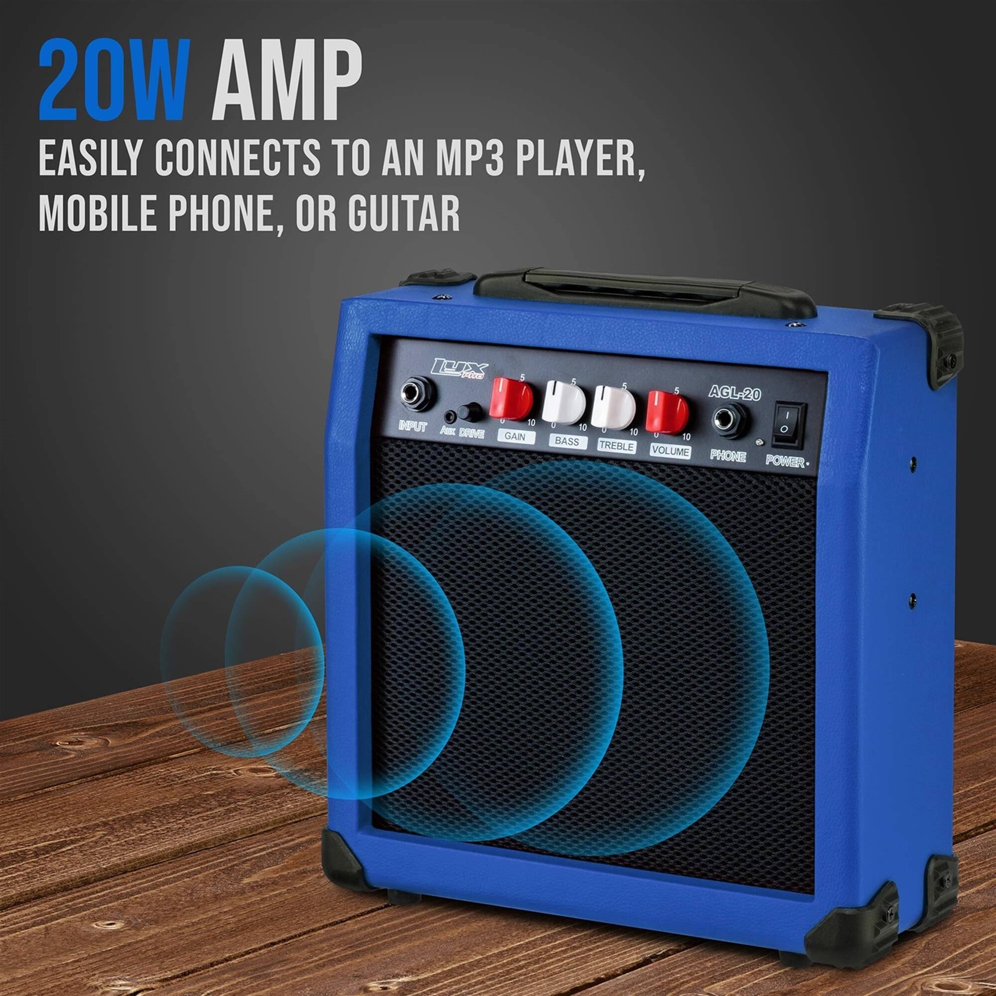 20W AMP EASILY CONNECTS TO AN MP3 PLAYER, MOBILE PHONE, OR GUITAR

INPUT
GAIN
BASS
TREBLE
VOLUME
PHONE
POWER