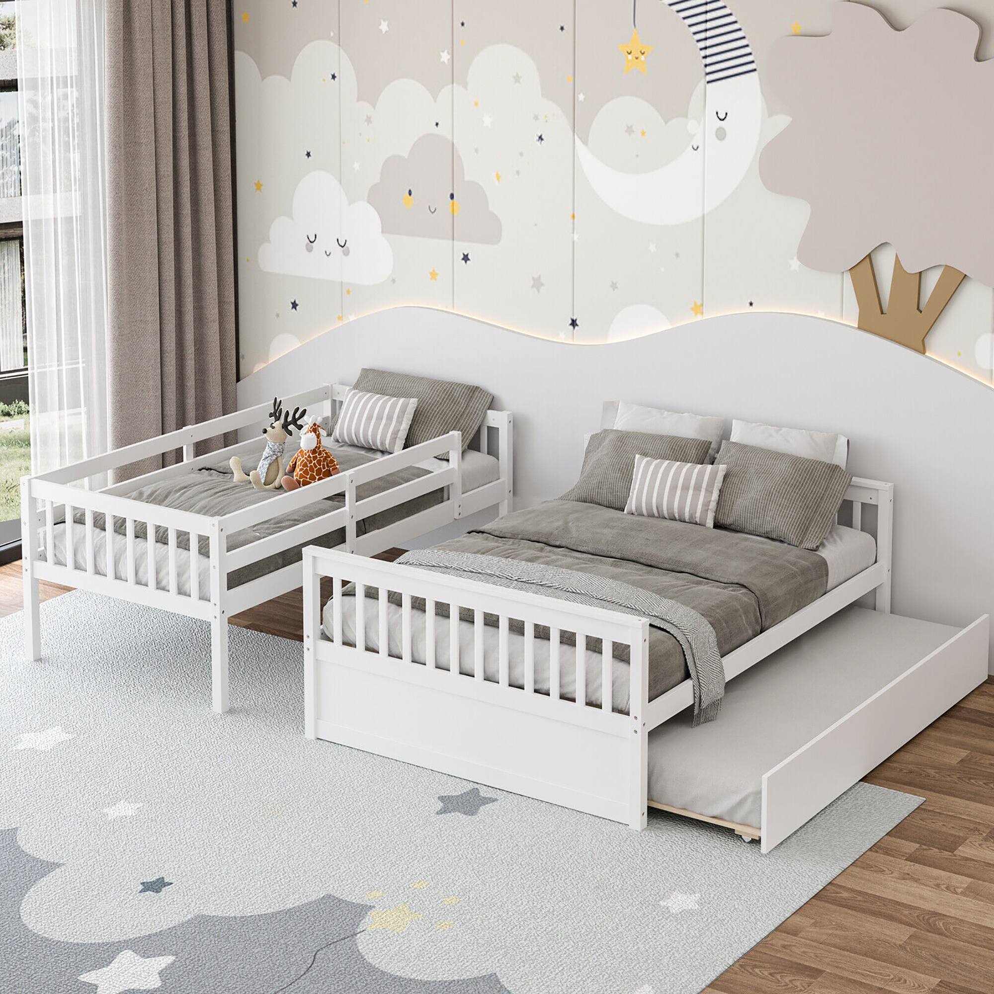 Alt View 3. Gymax - Gymax Twin Over Full Bunk Bed with Twin Trundle Convertible Platform Bed White - White.