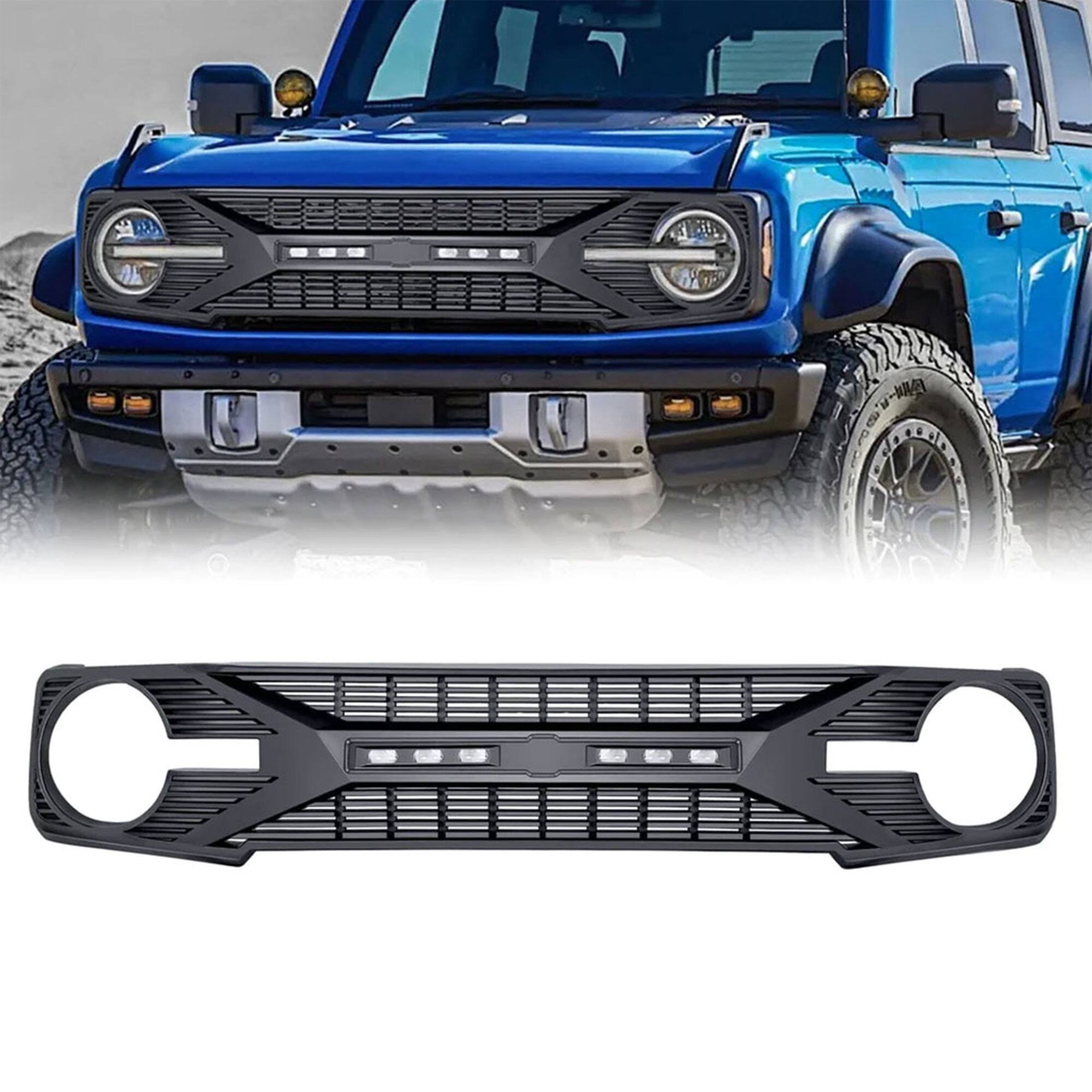 Front. AMERICAN MODIFIED - AMERICAN MODIFIED Grille with Lights for 21-24 Ford Bronco with Front Camera - 21-23 Bronco w/ Off-road Lights & Camera Hole.