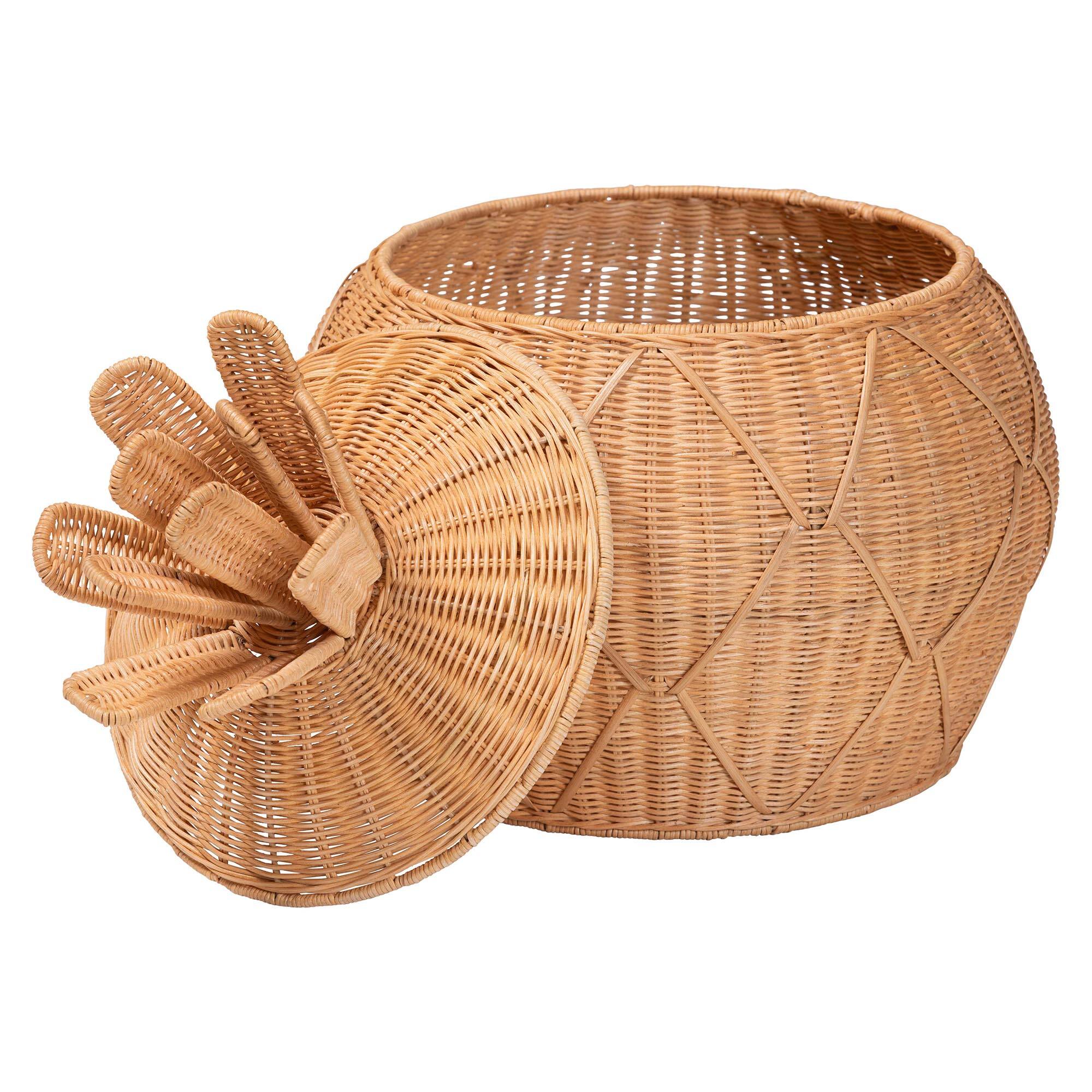 Angle. bali & pari - Pelham Natural Rattan Laundry Hamper - Handwoven Wicker Storage Basket for Laundry Room, Small - Light Honey.