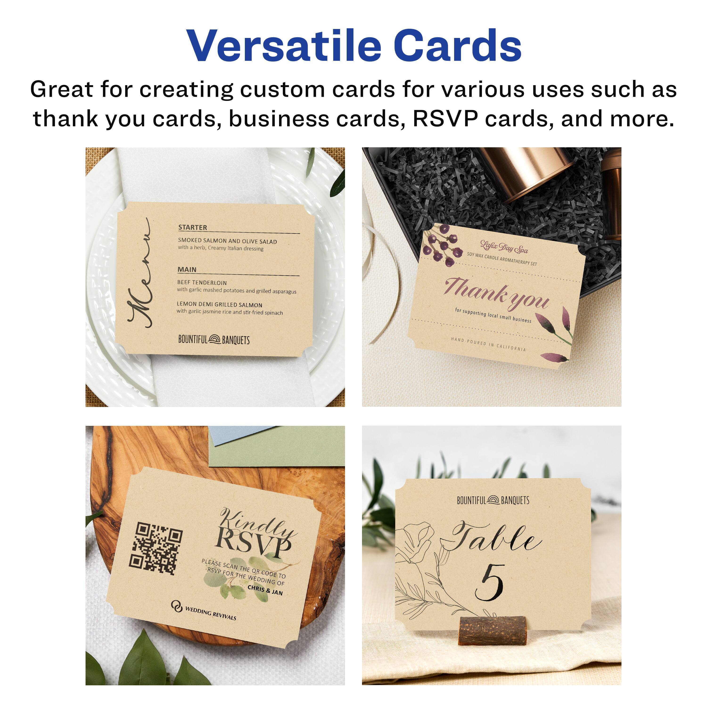 Versatile Cards  
Great for creating custom cards for various uses such as thank you cards, business cards, RSVP cards, and more.

STARTER  
SMOKED SALMON AND OLIVE SALAD  
with herbs, Creamy Italian dressing  

MAIN  
BEEF TENDERLOIN  
with garlic mashed potatoes and grilled asparagus  
LEMON DEMI GRILLED SALMON  
with garlic jasmine rice and sautéed spinach  

BOUNTIFUL BANQUETS  

Thank you  
for supporting local small businesses  
HAND POURED IN CALIFORNIA  

Kindly RSVP  
PLEASE SCAN THE QR CODE TO RSVP FOR THE WEDDING OF  
CHRIS & JAN  
WEDDING REVIVALS  

Table 5  
BOUNTIFUL BANQUETS