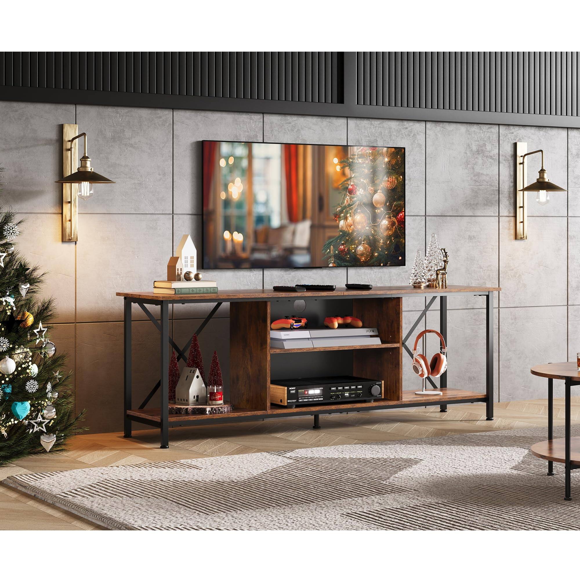 Back. Hirose Alice - Tv Stand Up To 65 Inch Entertainment Center Industrial Console With Open Storage Shelf For Living Room And Bed... - Rustic Brown-55".