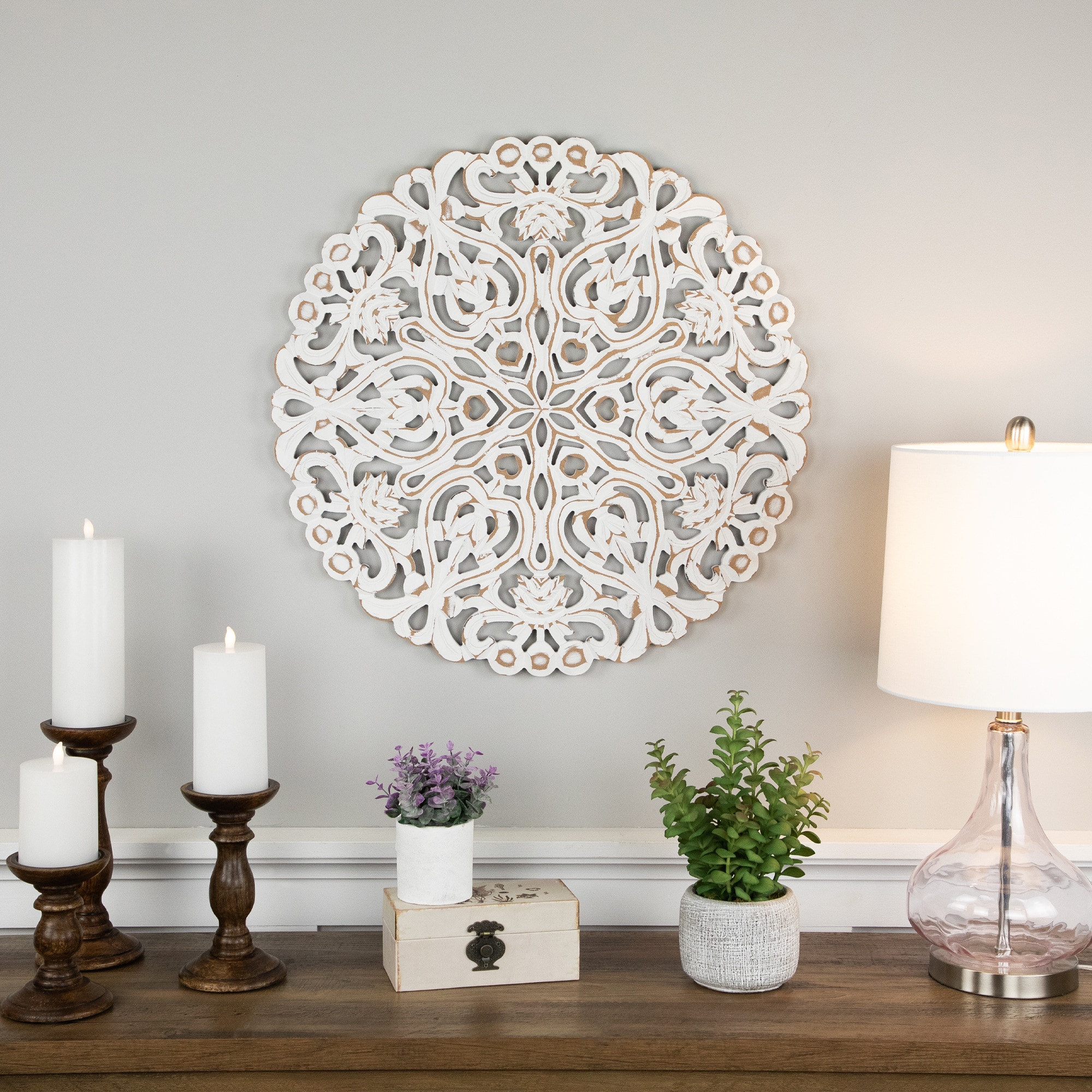 Northlight - 24" Brushed Antique Damask Round Wall Panel - White