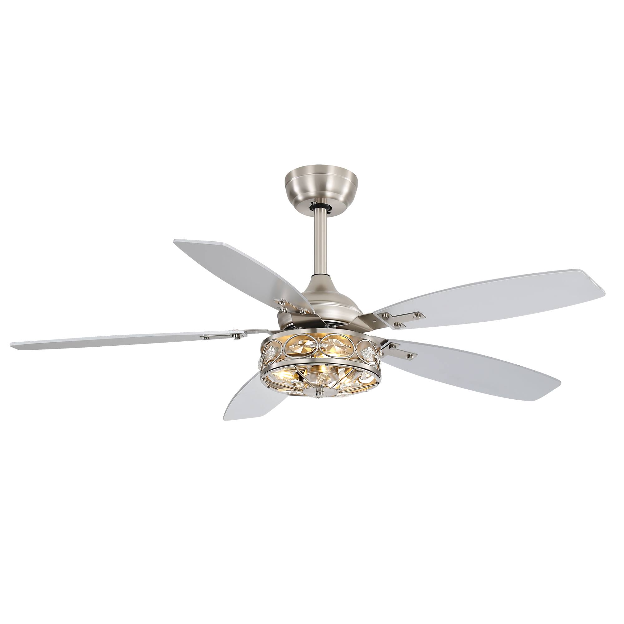 Angle. Breezary - 48-in Indoor Ceiling Fan with Light Kit and Remote, 5 Blades, 6-Speed DC Motor, with Timer and 4''/8'' Downrods - Satin Nickel.