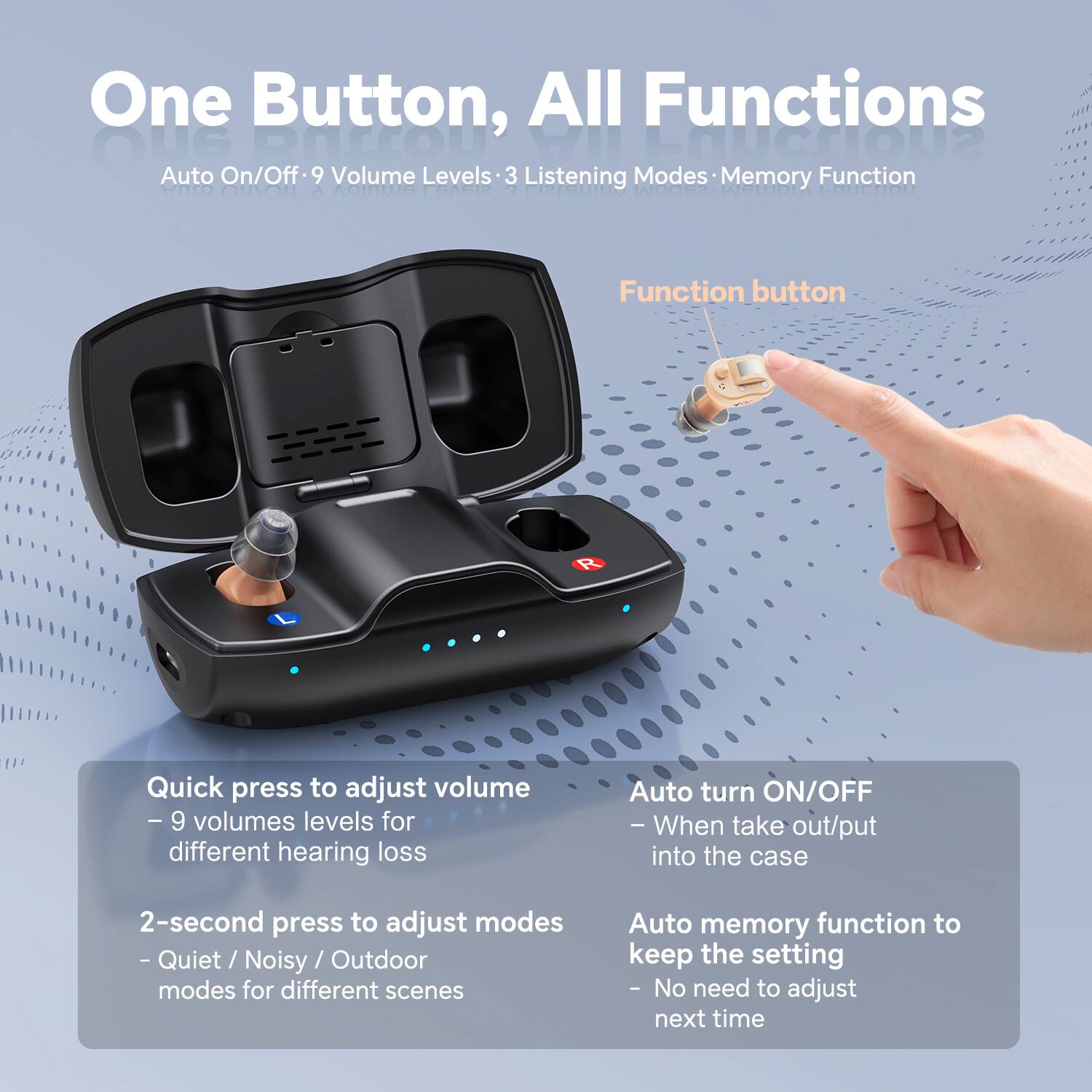 One Button, All Functions

Auto On/Off • 9 Volume Levels • 3 Listening Modes • Memory Function

Function button

Quick press to adjust volume
- 9 volumes levels for different hearing loss

2-second press to adjust modes
- Quiet / Noisy / Outdoor modes for different scenes

Auto turn ON/OFF
- When take out/put into the case

Auto memory function to keep the setting
- No need to adjust next time
