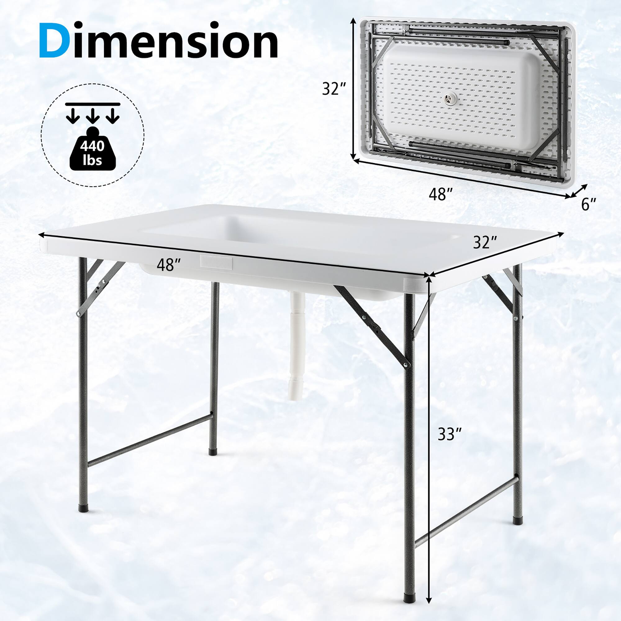 Dimension  
440 lbs  
32" x 48" x 6" x 32" x 33"