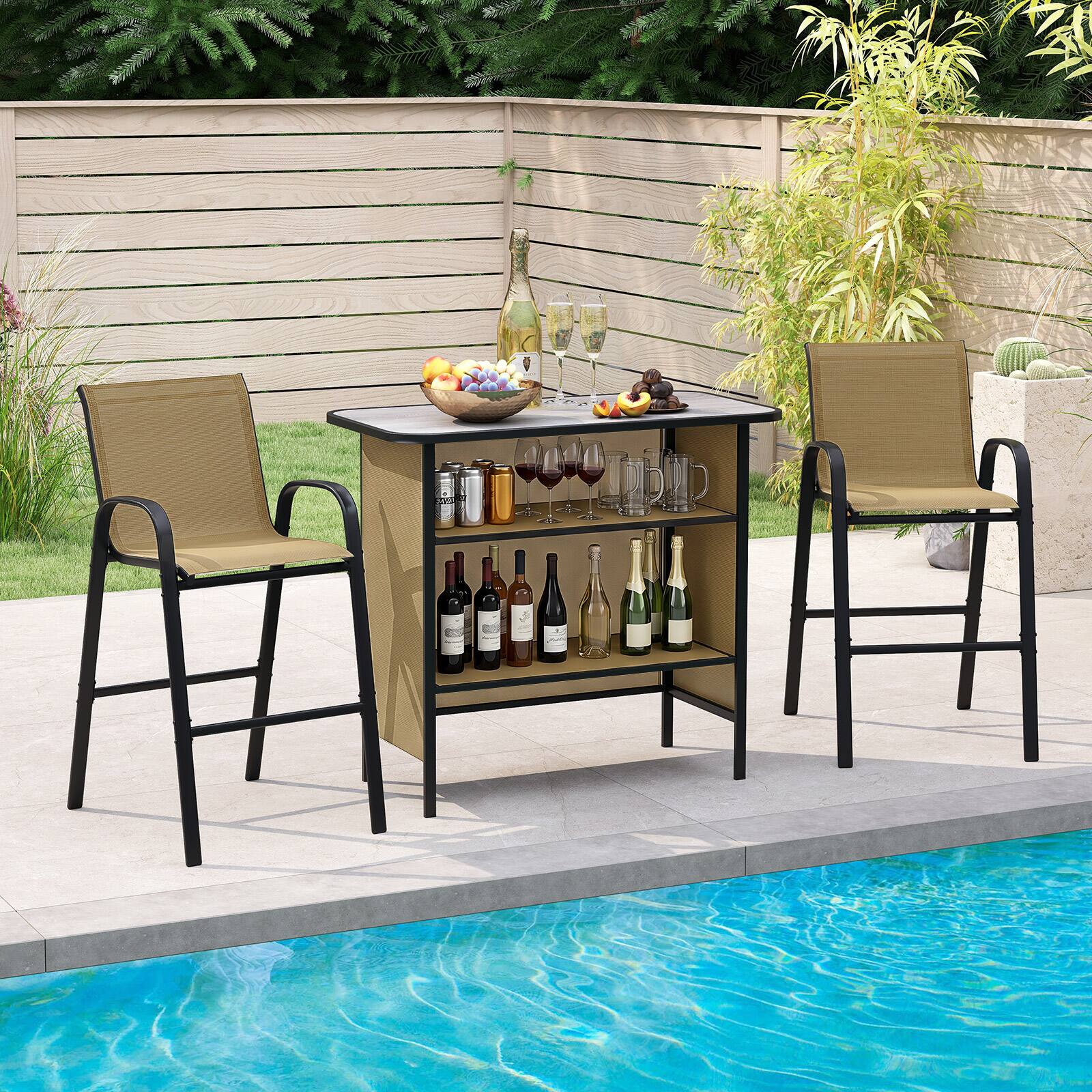 Alt View 4. Costway - Costway 3 PCS Outdoor Bar Set Bar Height Table & Armchairs with Footrest 2-Tier Shelf - Brown.
