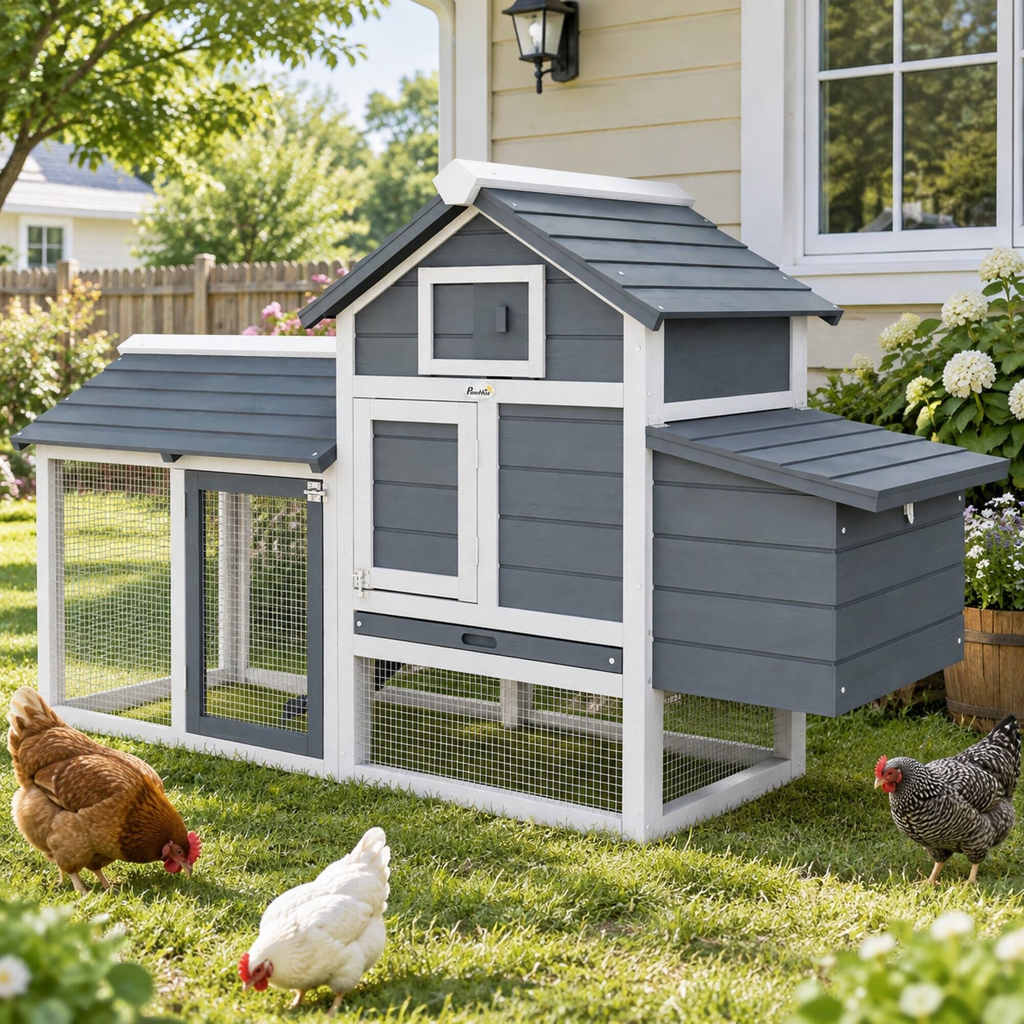 Back. RYHNUYNE - 59 in Wooden Chicken Coop, Fir Wood Hen House, Nesting Box, Removable Tray, White.