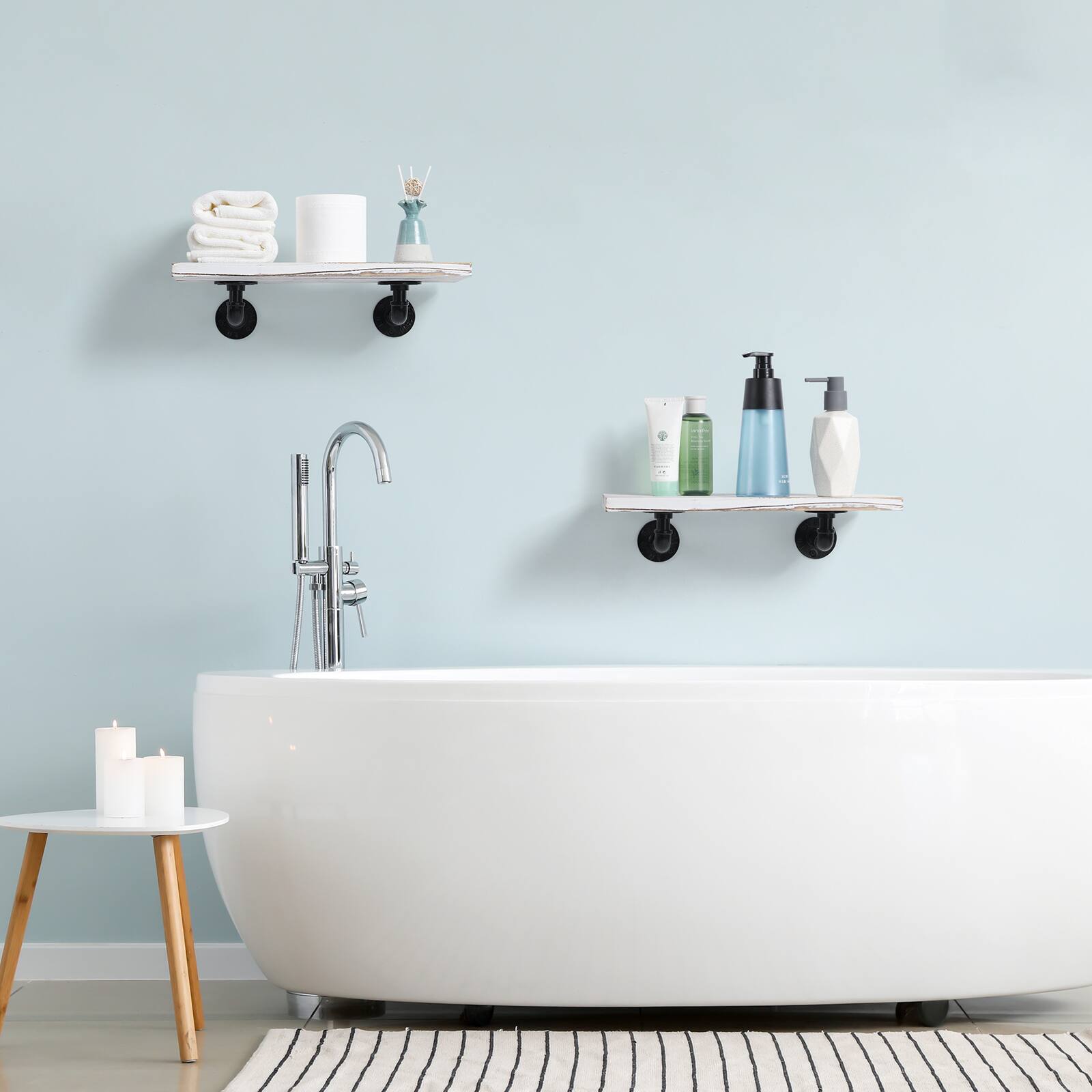 Alt View 1. Oumilen - Set of 2 Whitewashed Floating Shelves with Industrial Pipe Brackets - Whitewashed.