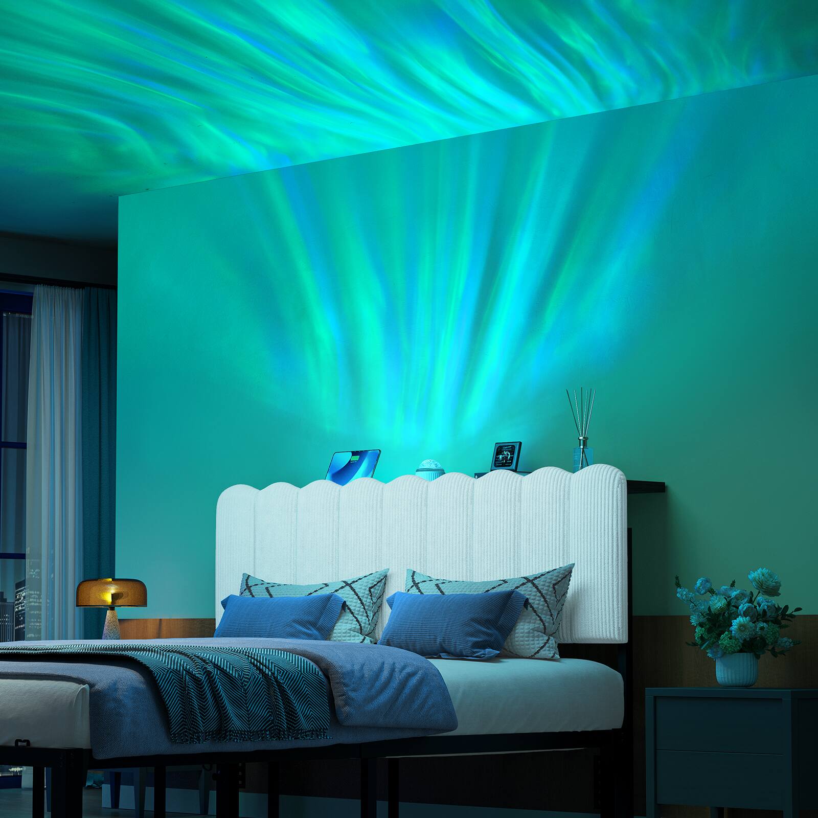 Alt View 4. Pinmoco - Aurora LED Upholstered Headboard with Storage Shelf and Charging Station Suitable for 8-14 inch Mattress - White.