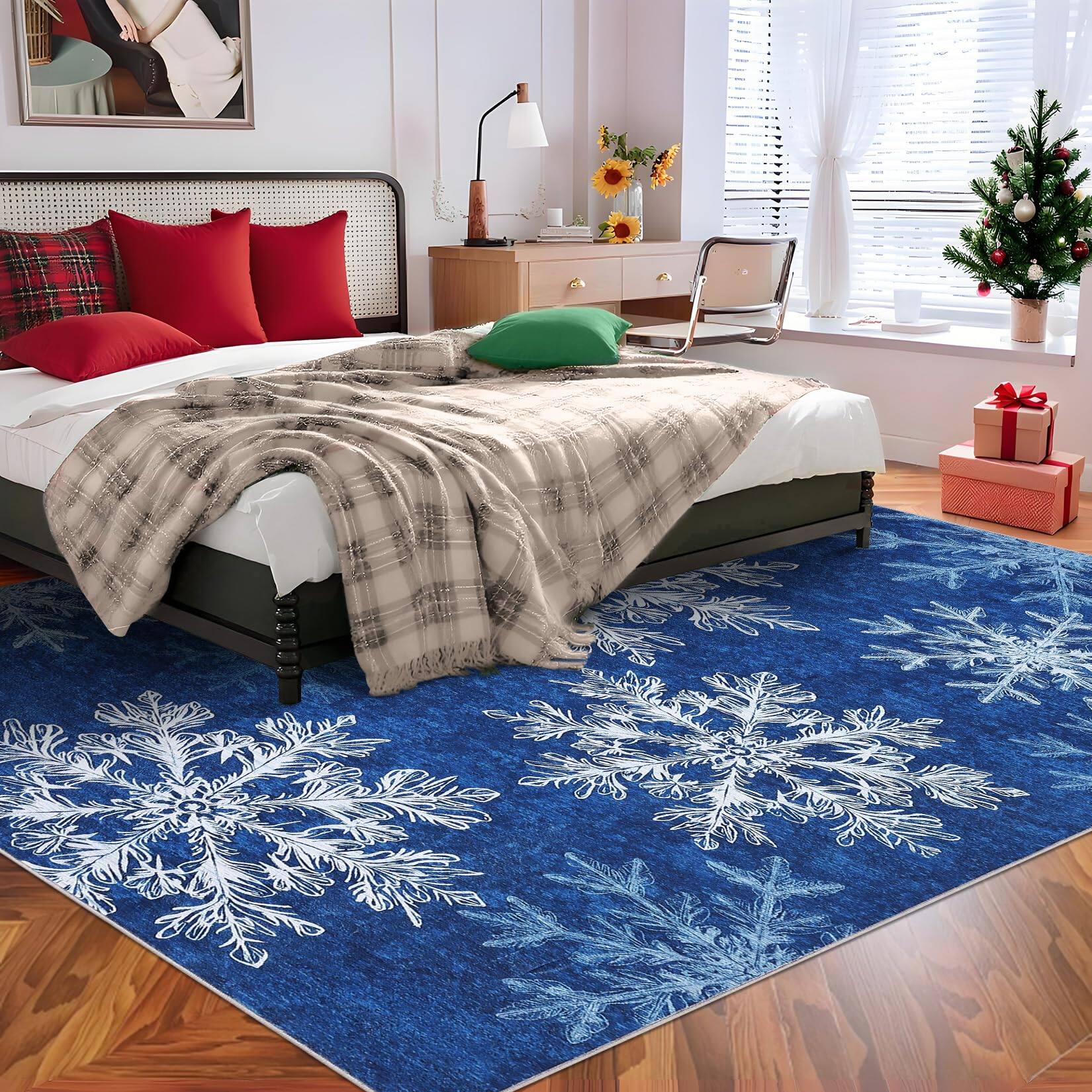 Jojoka 9x12ft Christmas Snowflakes Printed Area Rug Washable Non Slip ...