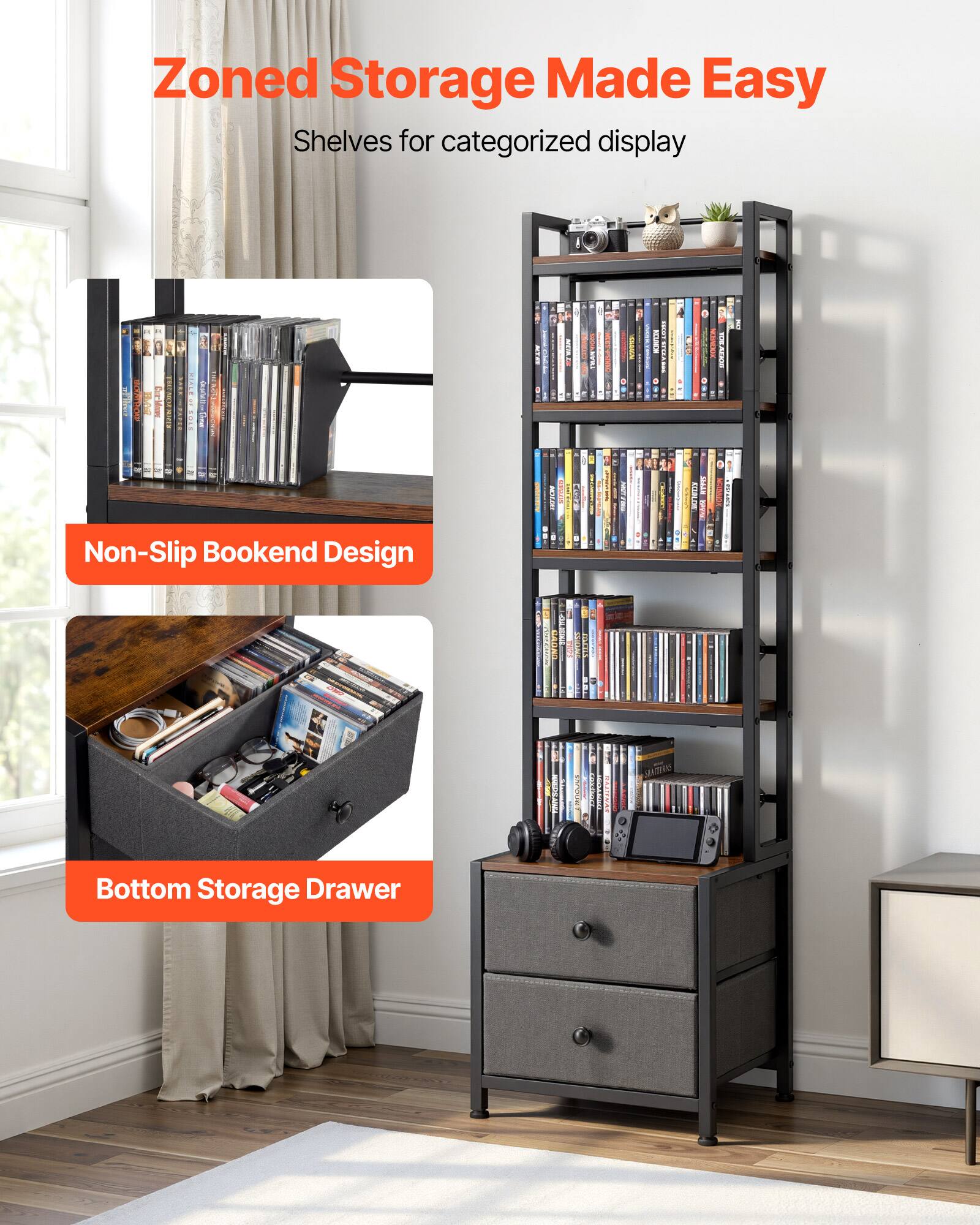 Zoned Storage Made Easy  
Shelves for categorized display

Non-Slip Bookend Design

Bottom Storage Drawer