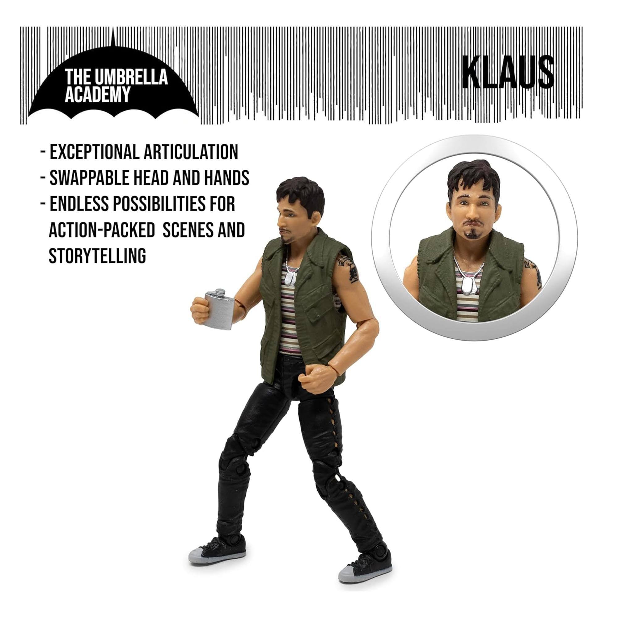 THE UMBRELLA ACADEMY  
KLAUS  
- EXCEPTIONAL ARTICULATION  
- SWAPPABLE HEAD AND HANDS  
- ENDLESS POSSIBILITIES FOR ACTION-PACKED SCENES AND STORYTELLING
