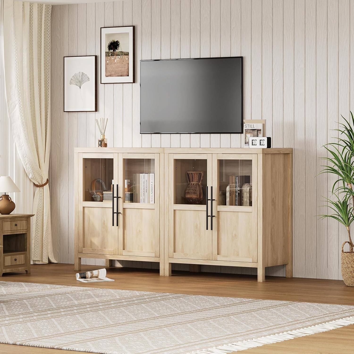 Alt View 4. Jojoka - Sideboard Buffet Cabinet with Two Glass Doors Compact Modern Farmhouse Storage Natural - Off-white.