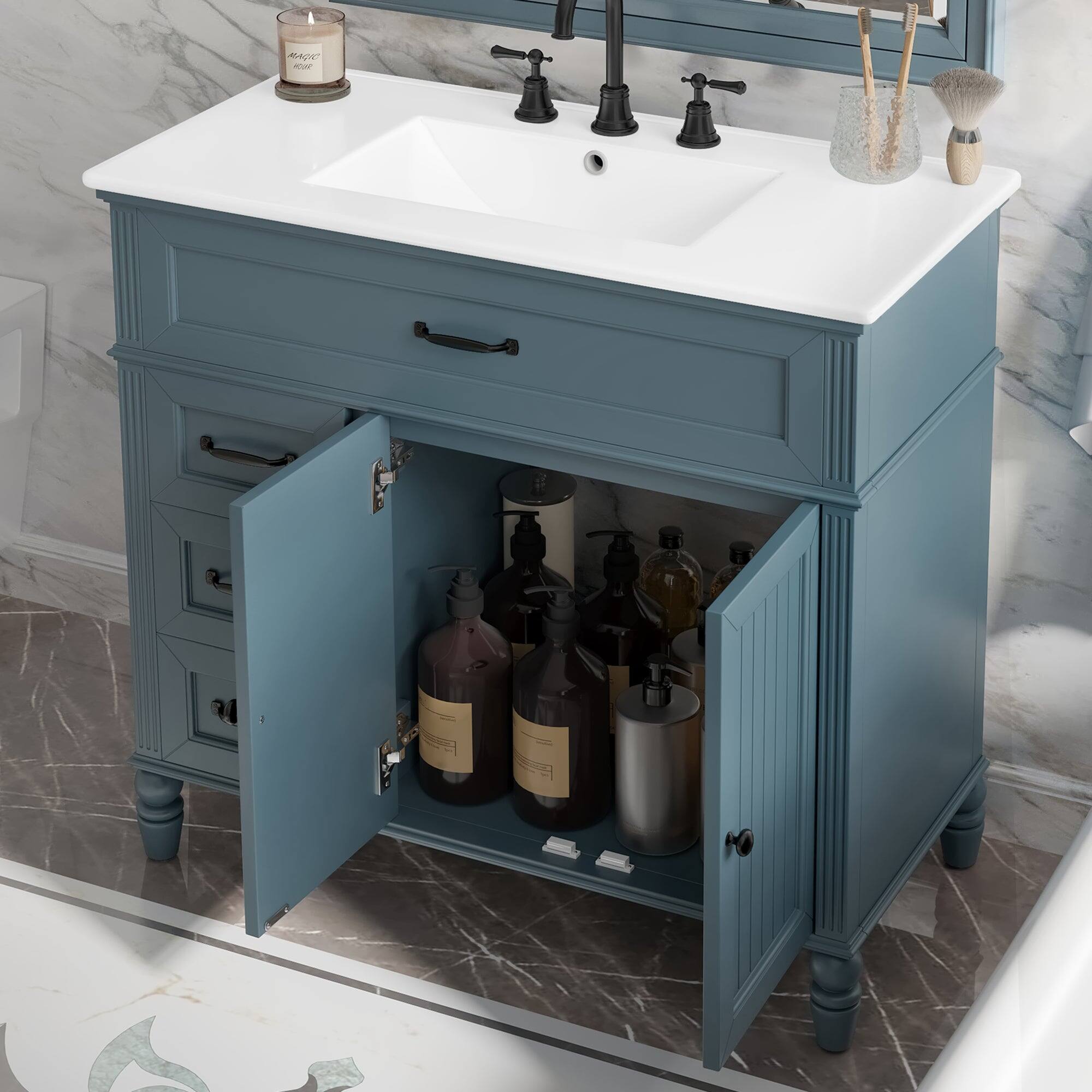 Alt View 3. Boyel Living - 36 Inch Bathroom Vanity with Sink Blue Cabinet with Drawers Solid Frame and MDF Board One Package - Blue.