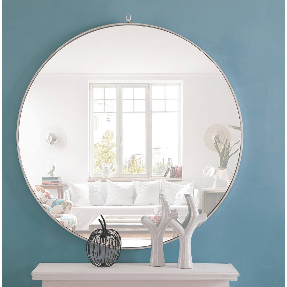 Front. Elegant Decor - Metal frame Round Mirror with decorative hook 48 inch Silver finish - Silver.