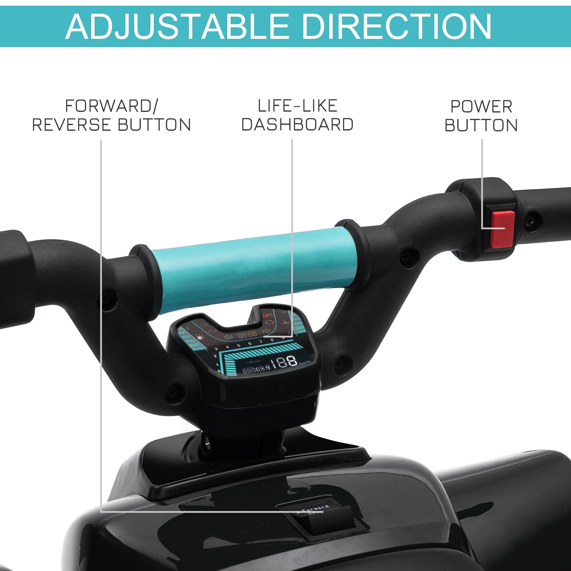 ADJUSTABLE DIRECTION

- FORWARD/ REVERSE BUTTON
- LIFE-LIKE DASHBOARD
- POWER BUTTON