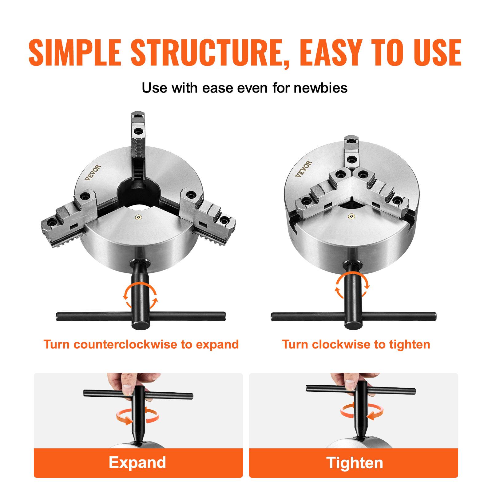 SIMPLE STRUCTURE, EASY TO USE  
Use with ease even for newbies  

Turn counterclockwise to expand  
Turn clockwise to tighten  

Expand  
Tighten