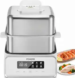 FOHERE - 1200W Electric Food Steamer, 12.7QT Double Tier Stainless Steel Vegetable Steamer, 8 Preset Menus for Fish, Meat - White